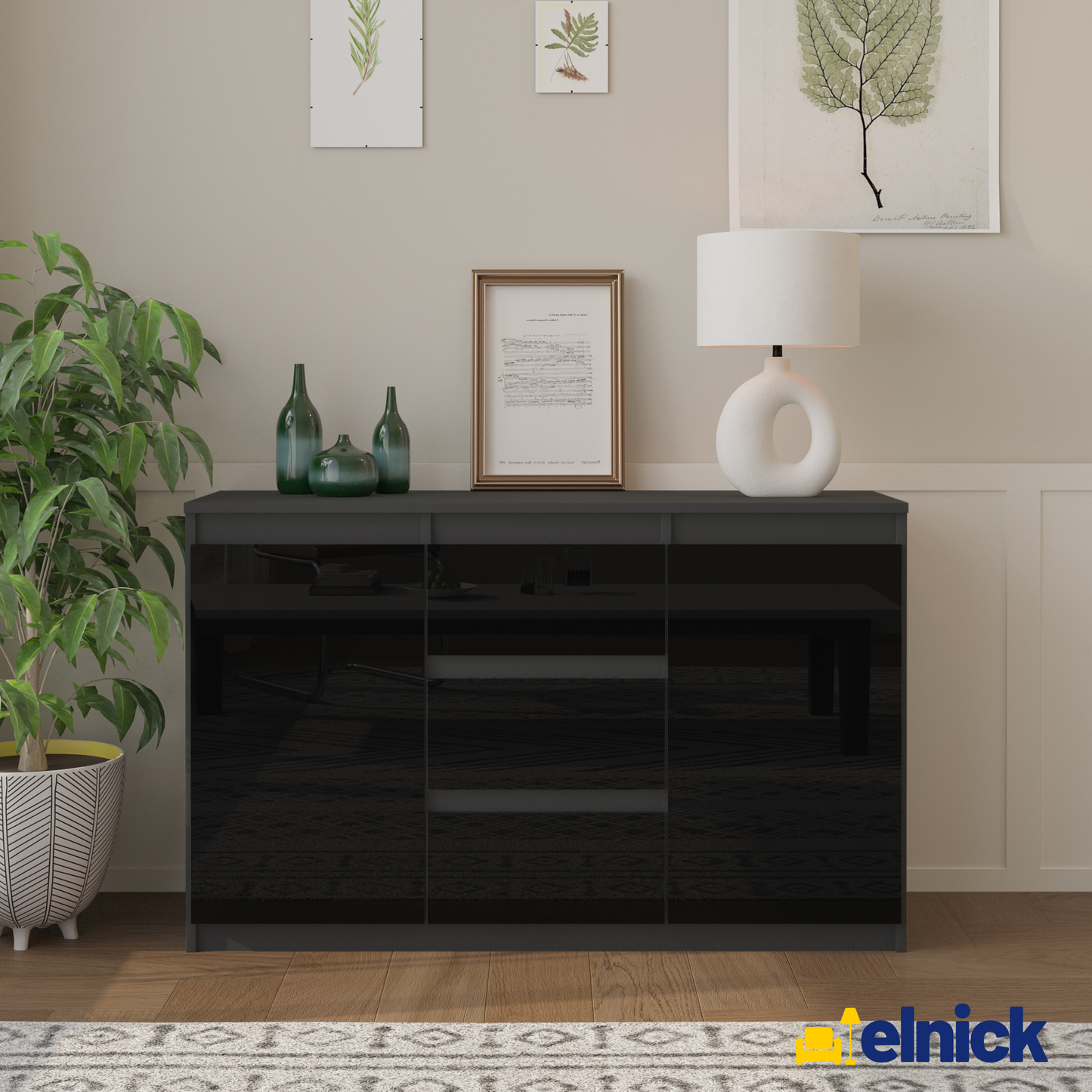 MIKEL - Kommode / Sideboard mit 3 Schubladen und 2 Türen - Anthrazit Grau / Schwarz Gloss