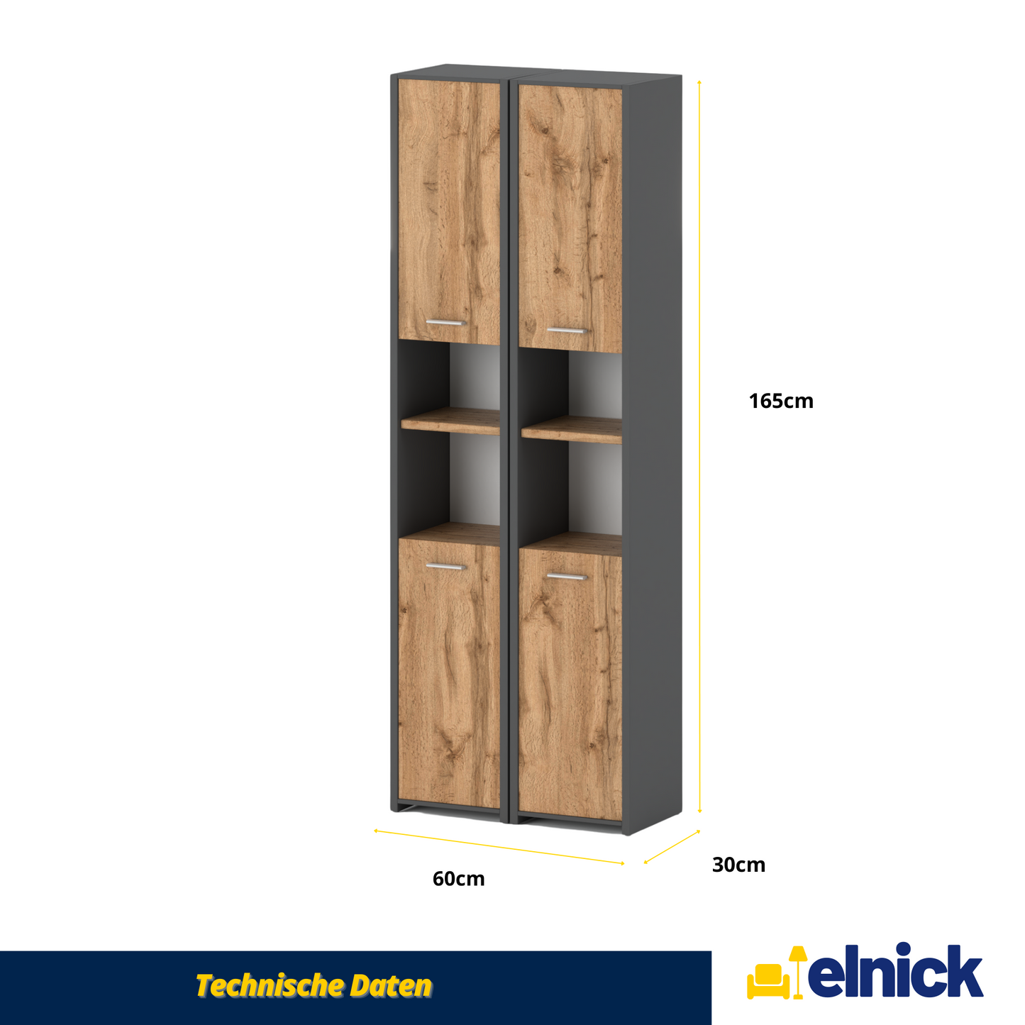 EMMA - Badezimmerschrank Doppelschrank mit Türen und Einlegeböden - Anthrazit / Eiche Wotan