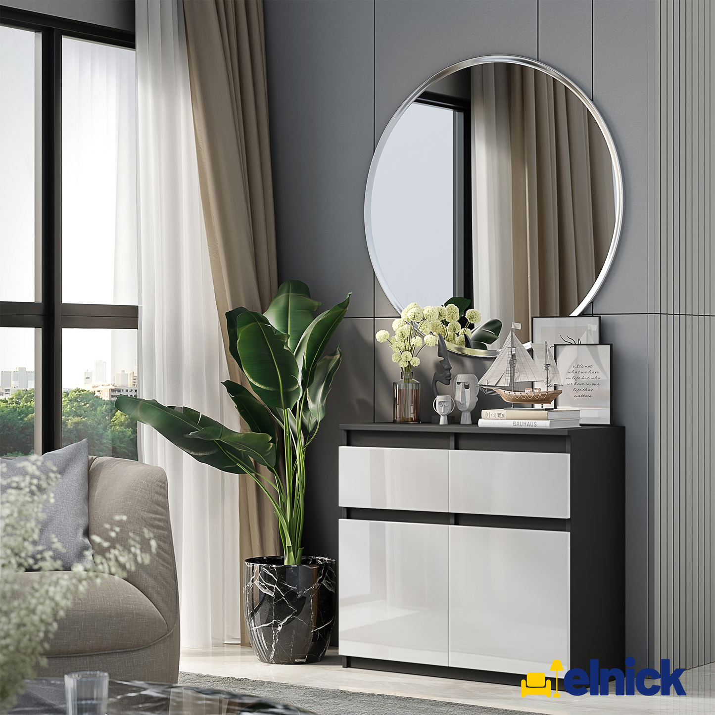 NOAH - Kommode / Sideboard mit 2 Schubladen und 2 Türen - Anthrazit Grau / Weiß Gloss