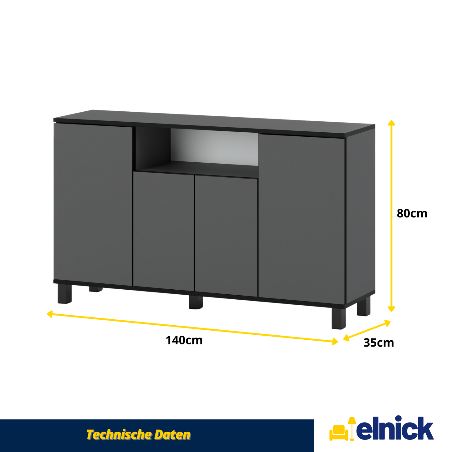 CALVIN – TV-Schrank mit 4 Türen – Wohnzimmer Sideboard - Anthrazit Grau