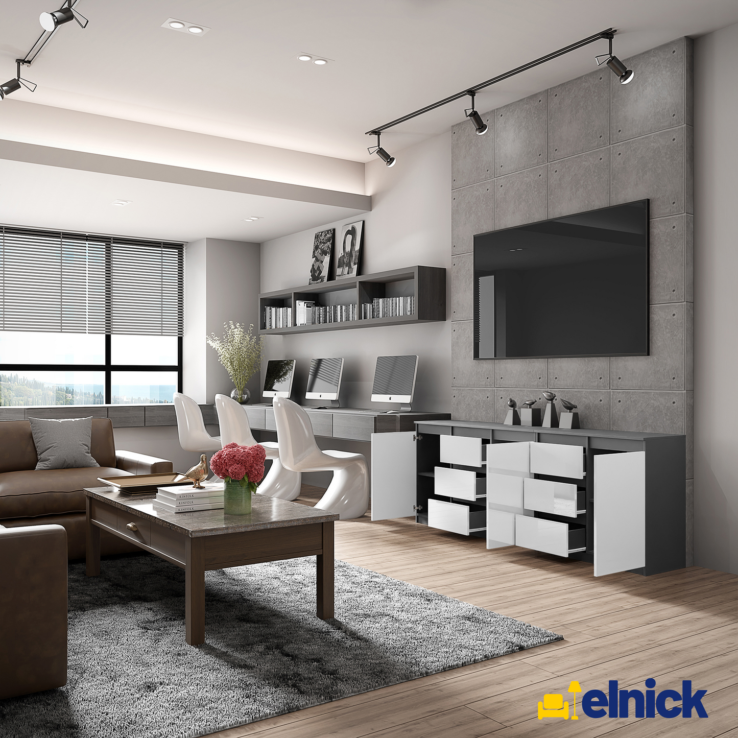 MIKEL - Kommode / Sideboard mit 6 Schubladen und 3 Türen - Anthrazit Grau / Weiß Gloss