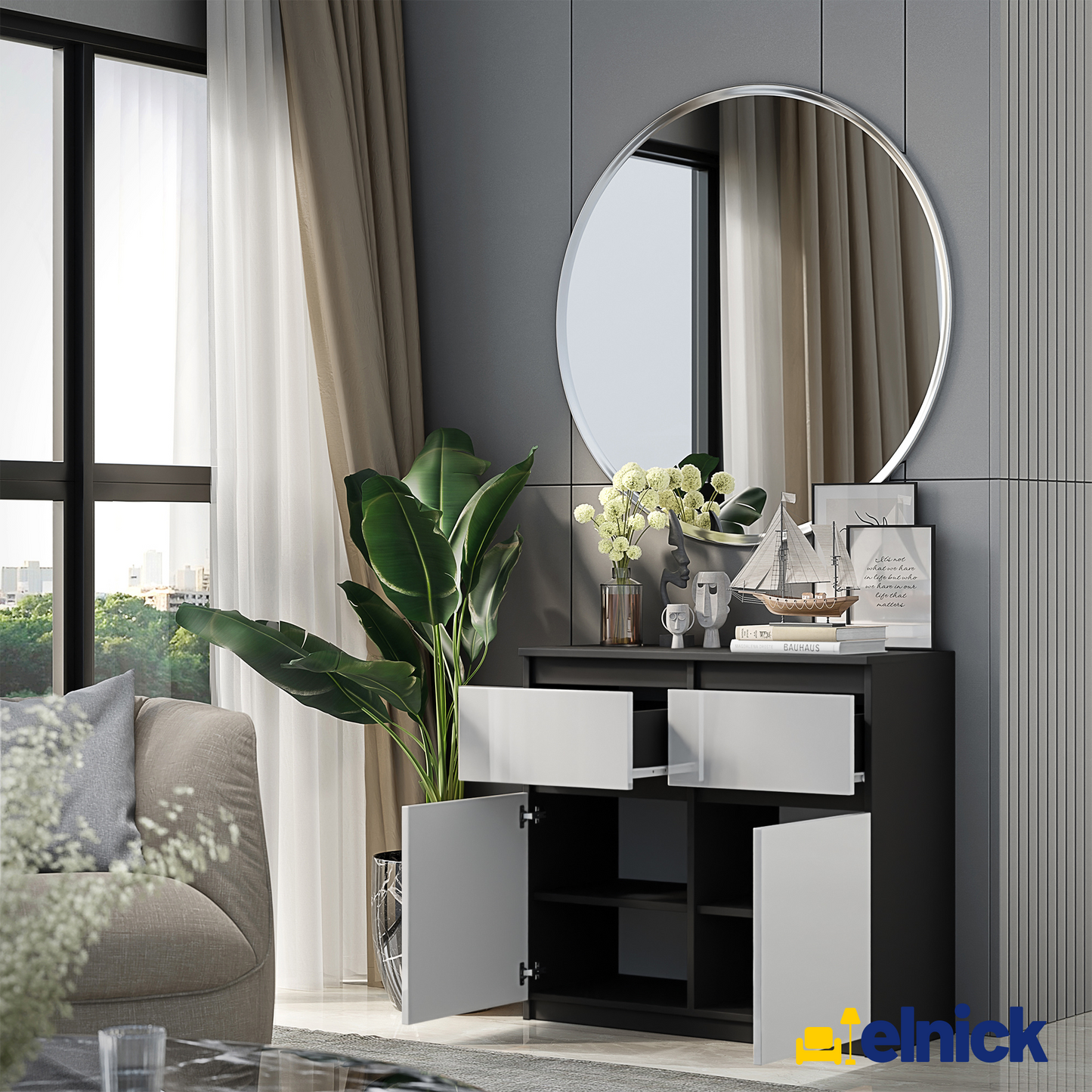 NOAH - Kommode / Sideboard mit 2 Schubladen und 2 Türen - Anthrazit Grau / Weiß Gloss