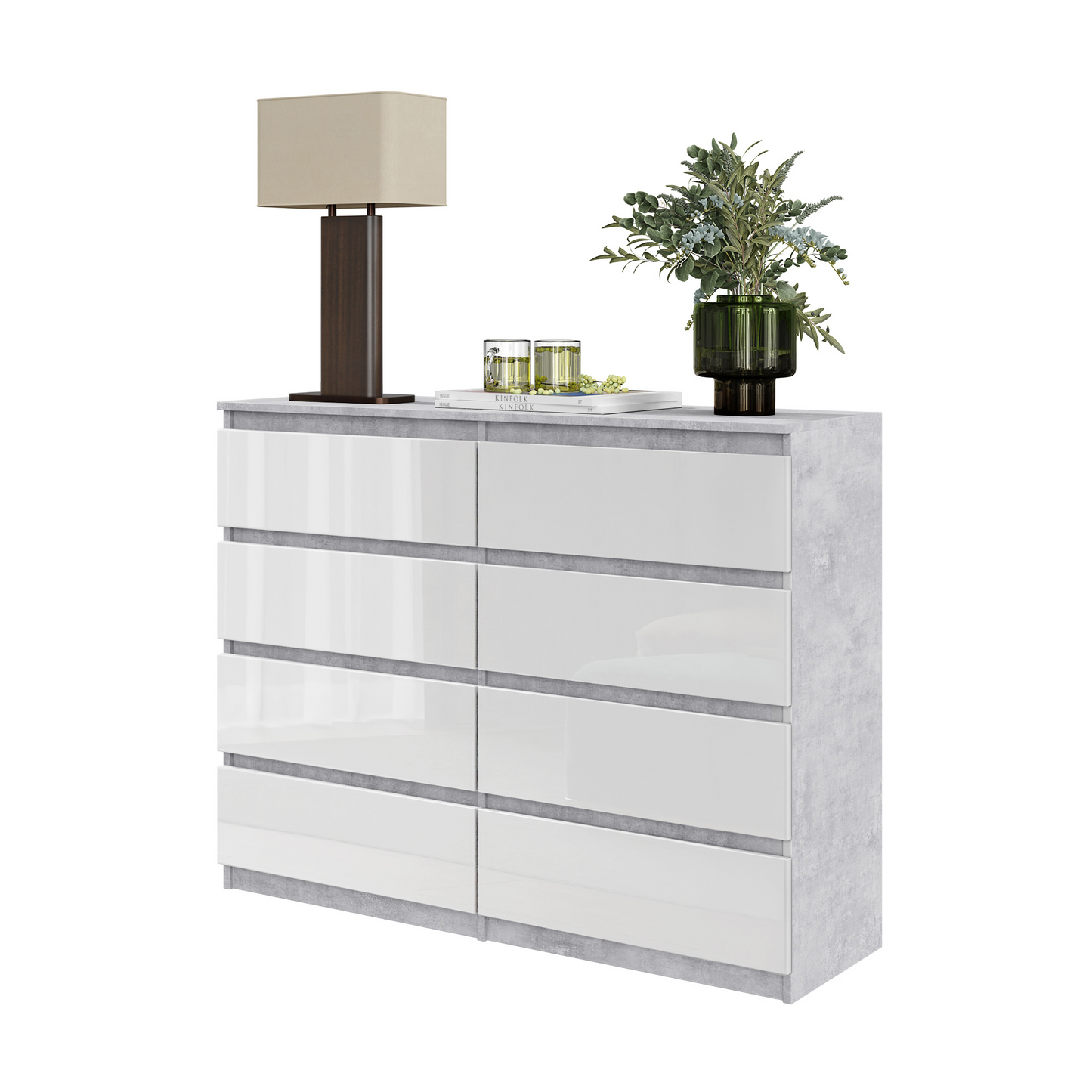 GABRIEL - Kommode / Sideboard mit 8 Schubladen - Beton-Optik / Weiß Gloss