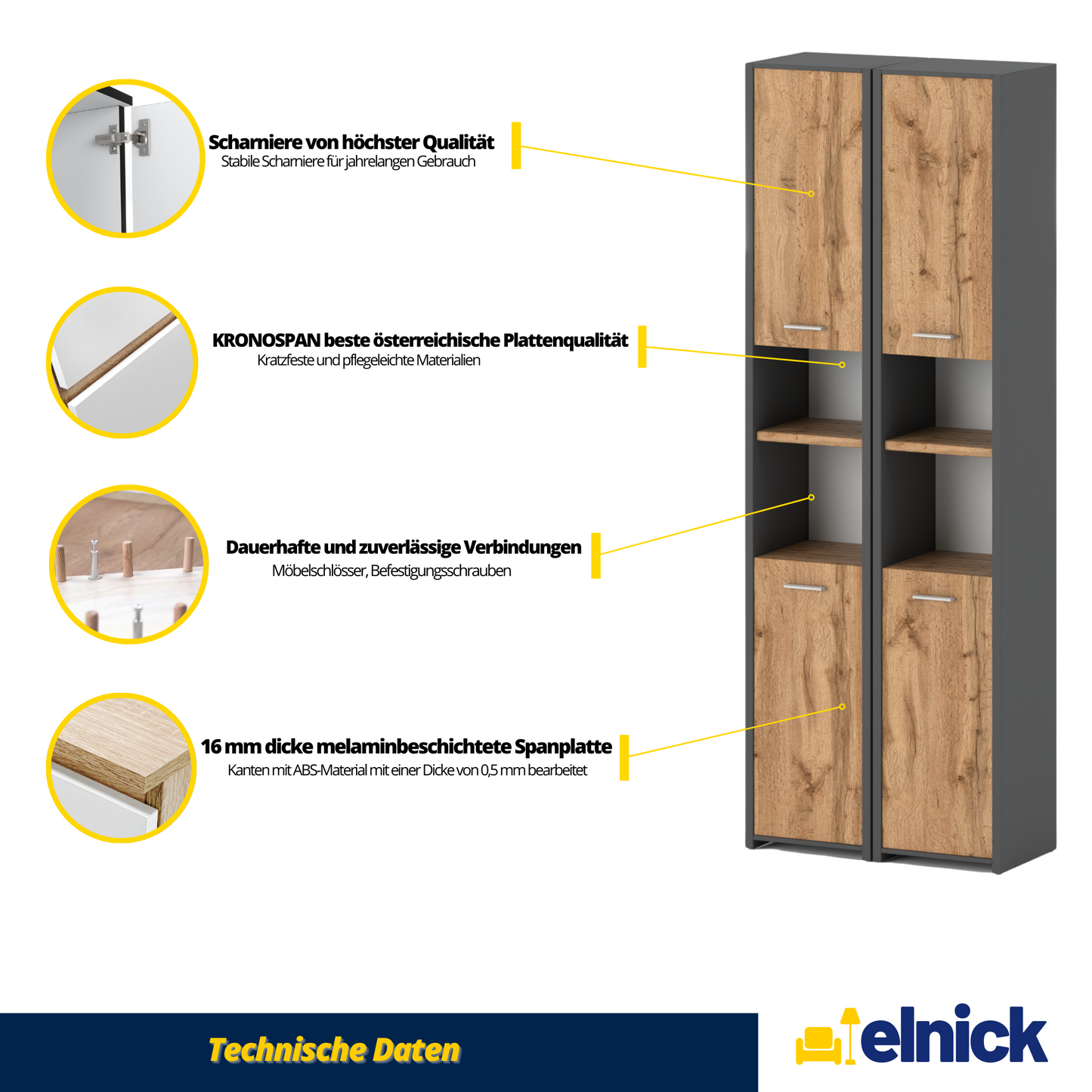 EMMA - Badezimmerschrank Doppelschrank mit Türen und Einlegeböden - Anthrazit / Eiche Wotan