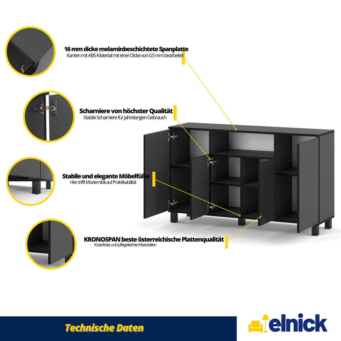 CALVIN – TV-Schrank mit 4 Türen – Wohnzimmer Sideboard - Anthrazit Grau