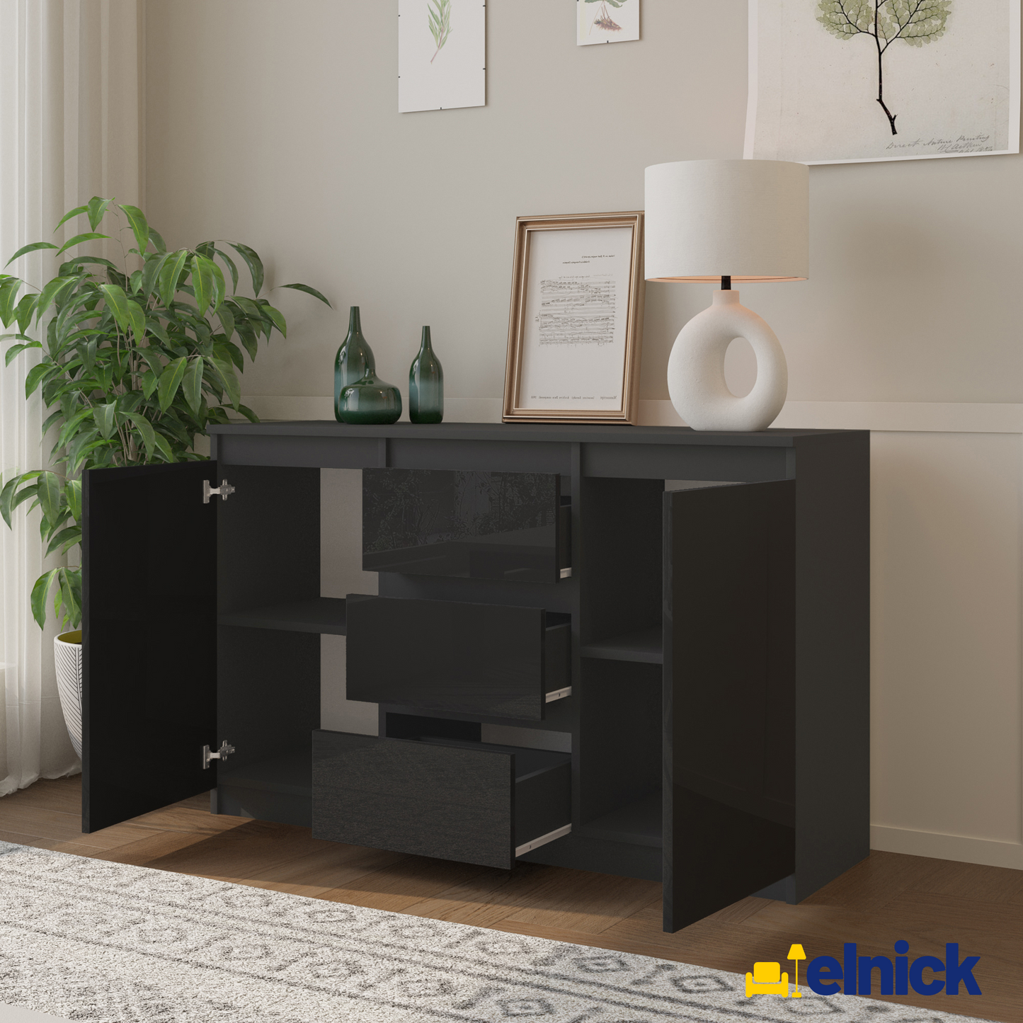 MIKEL - Kommode / Sideboard mit 3 Schubladen und 2 Türen - Anthrazit Grau / Schwarz Gloss