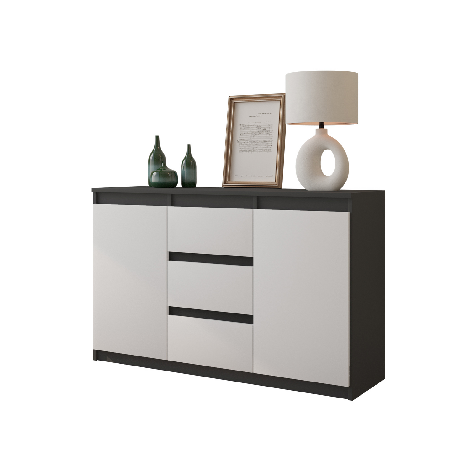MIKEL - Kommode / Sideboard mit 3 Schubladen und 2 Türen - Anthrazit Grau / Weiß Matt