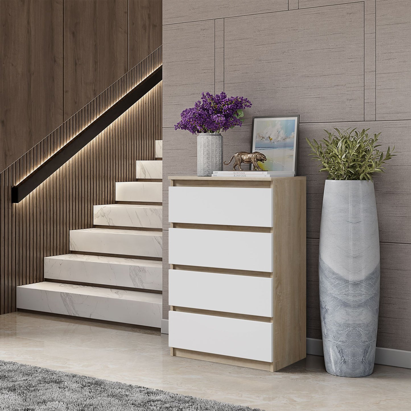 GABRIEL - Kommode / Sideboard mit 4 Schubladen - Sonoma Eiche / Weiß Matt