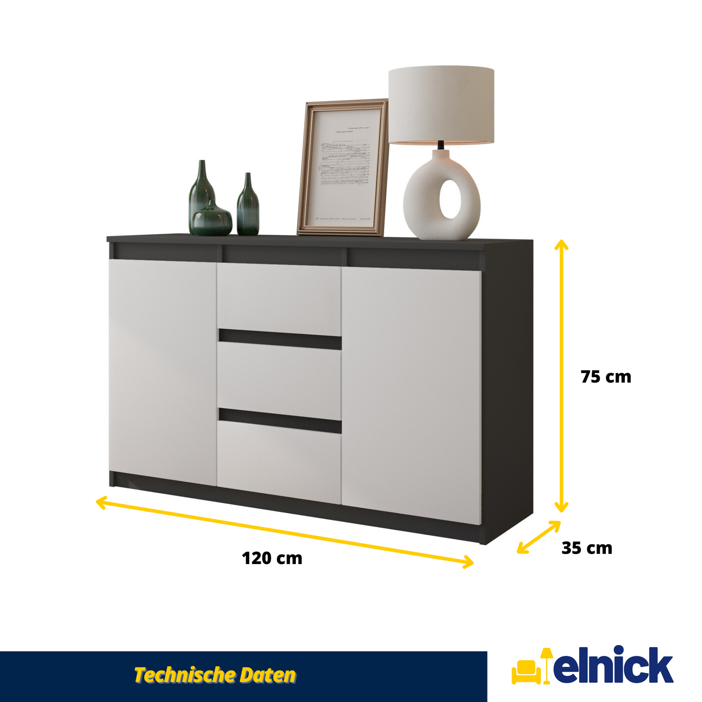 MIKEL - Kommode / Sideboard mit 3 Schubladen und 2 Türen - Anthrazit Grau / Weiß Matt