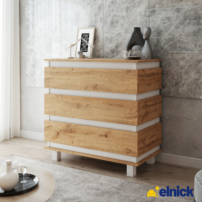 MARGARET - Kommode / Sideboard mit 3 Schubladen - Weiß Matt / Wotan Eiche