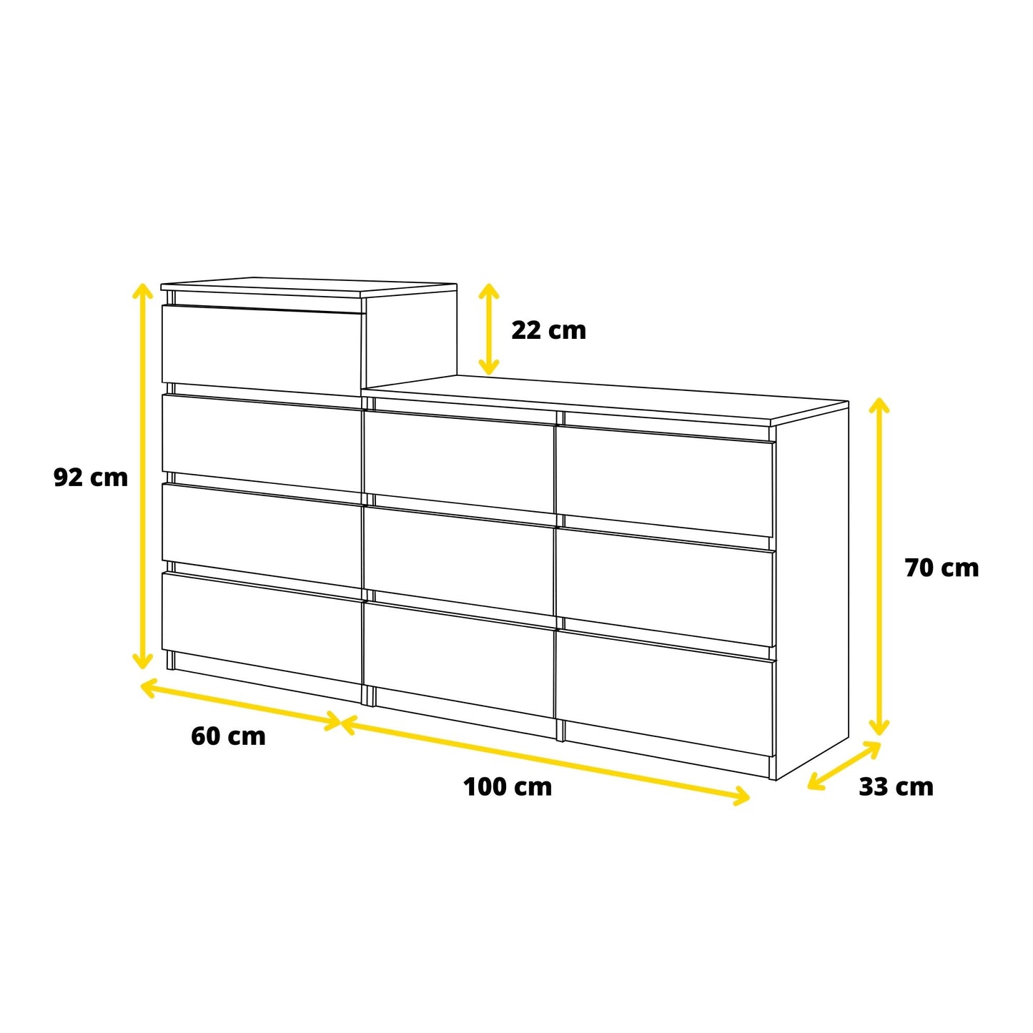 GABRIEL - Kommode / Sideboard mit 10 Schubladen (6+4) - Weiß Matt / Schwarz Gloss