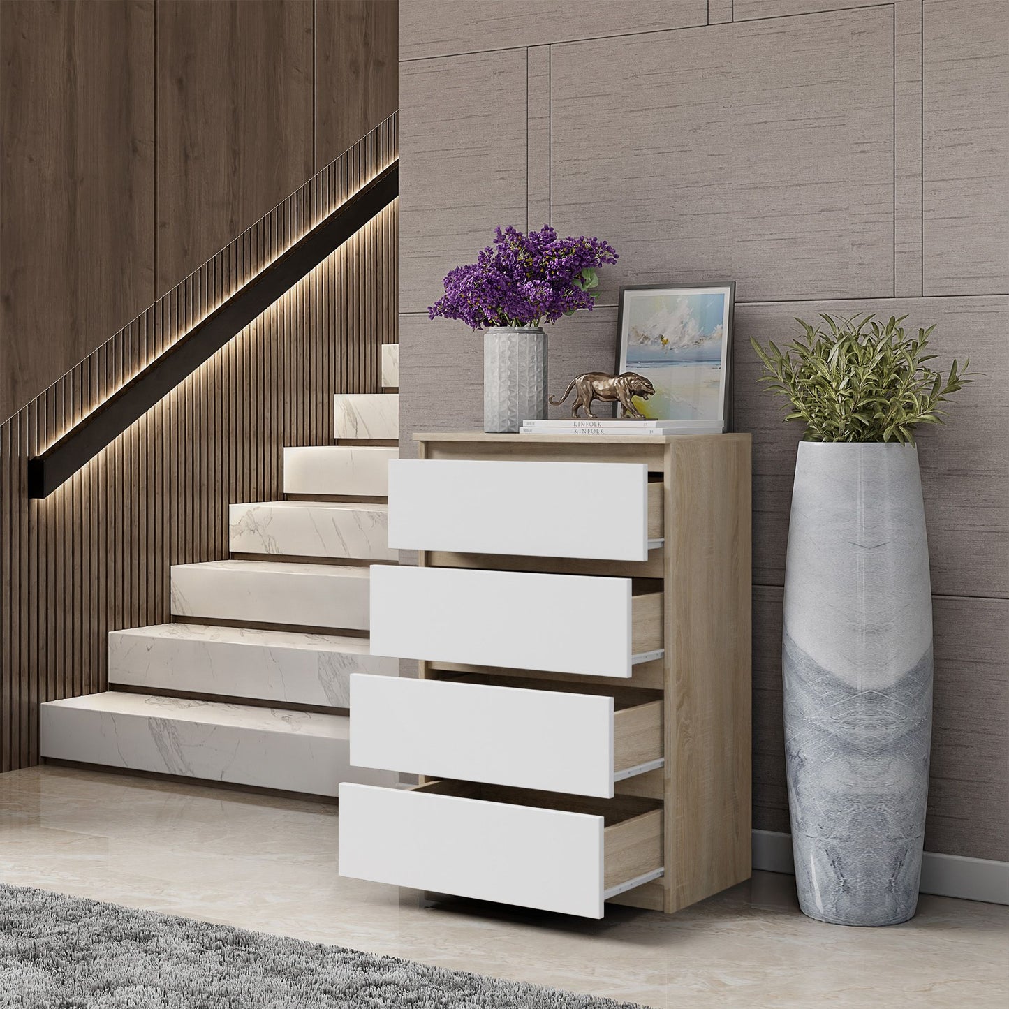 GABRIEL - Kommode / Sideboard mit 4 Schubladen - Sonoma Eiche / Weiß Matt