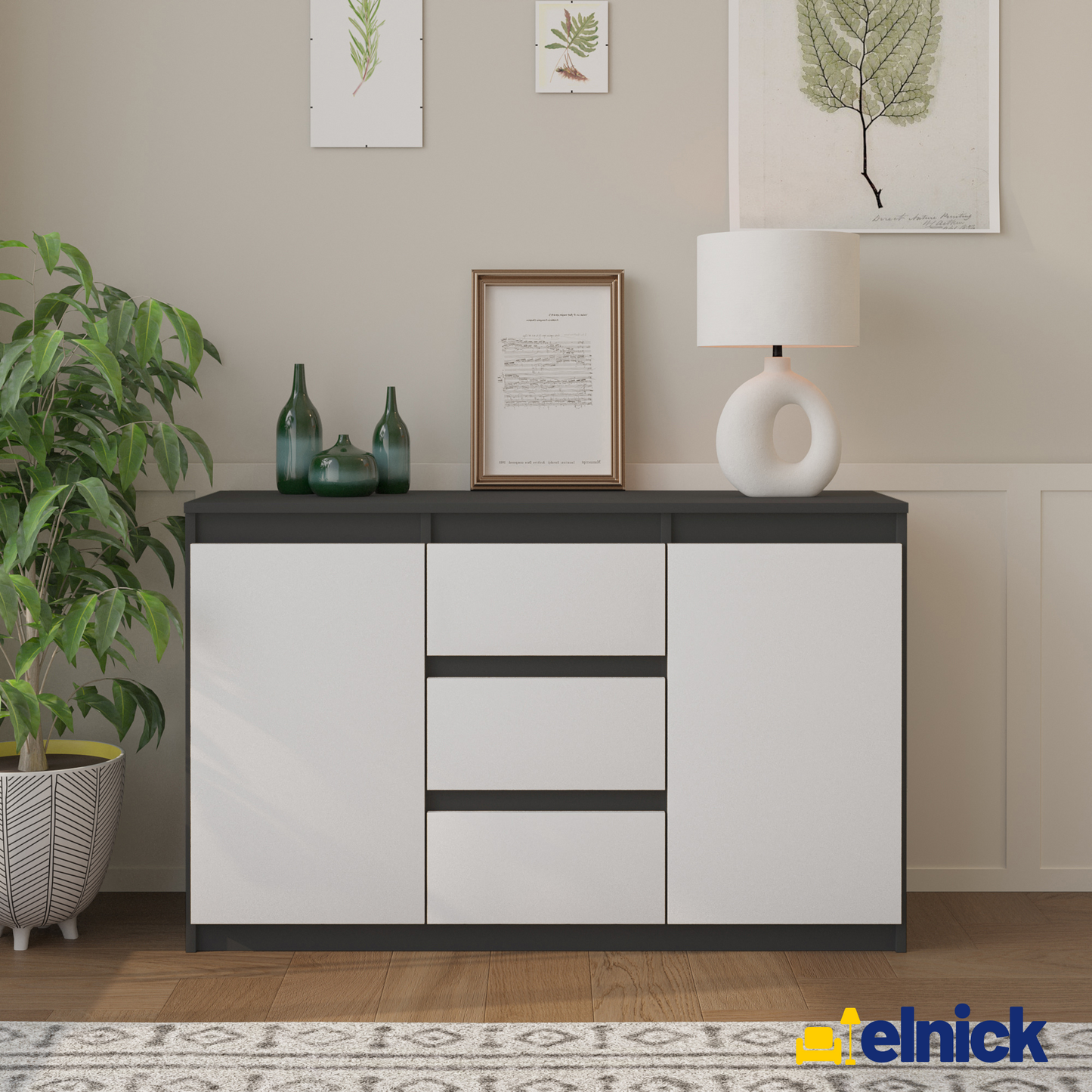MIKEL - Kommode / Sideboard mit 3 Schubladen und 2 Türen - Anthrazit Grau / Weiß Matt