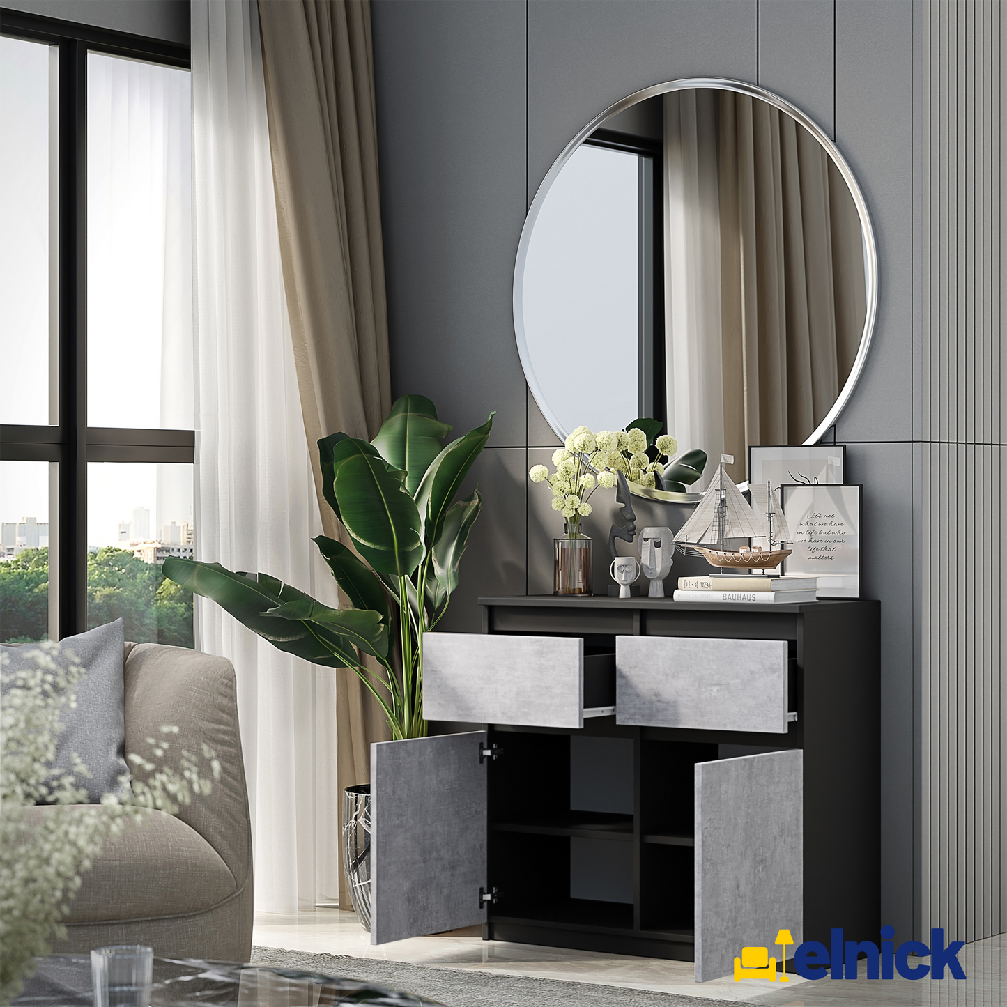 NOAH - Kommode / Sideboard mit 2 Schubladen und 2 Türen - Anthrazit Grau / Beton-Optik