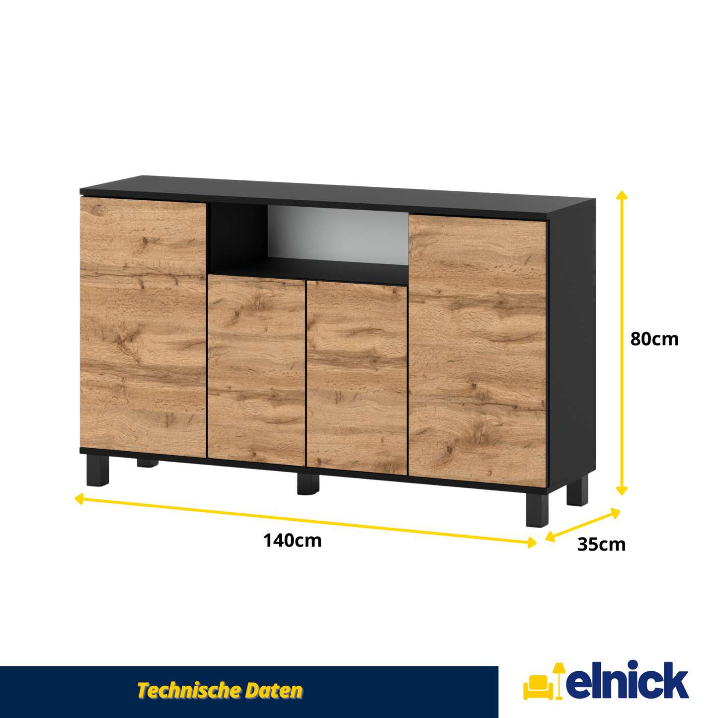 CALVIN – TV-Schrank mit 4 Türen – Wohnzimmer Sideboard - Schwarz Matt / Wotan Eiche