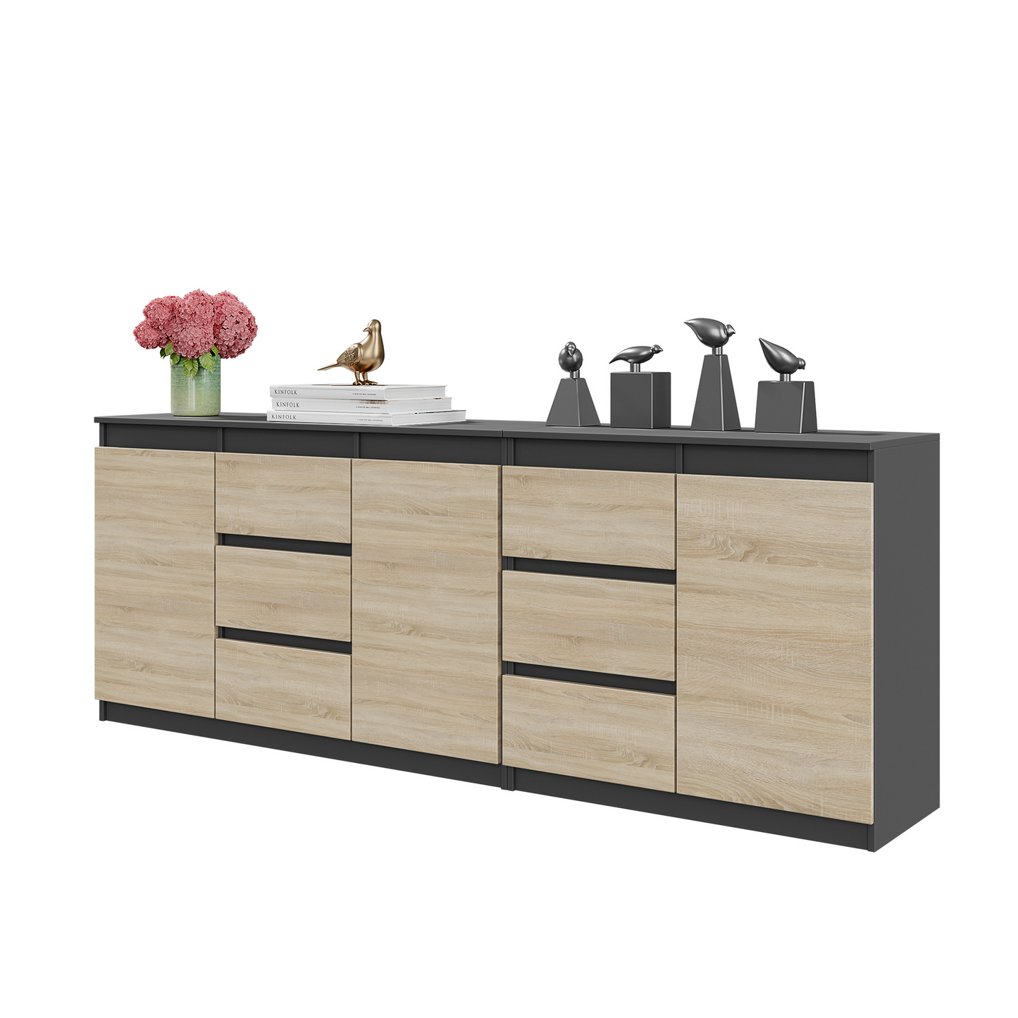 MIKEL - Kommode / Sideboard mit 6 Schubladen und 3 Türen - Anthrazit Grau / Sonoma Eiche