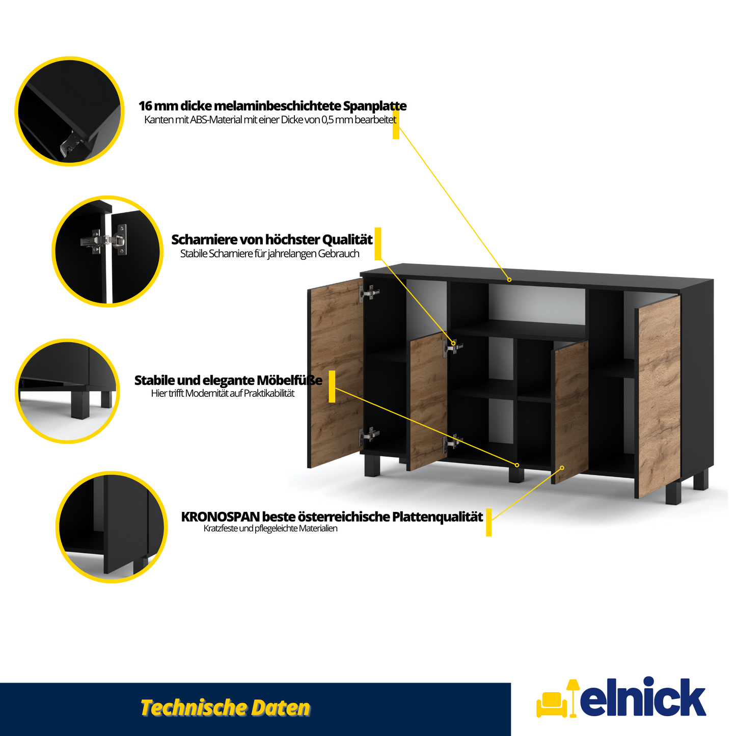 CALVIN – TV-Schrank mit 4 Türen – Wohnzimmer Sideboard - Schwarz Matt / Wotan Eiche