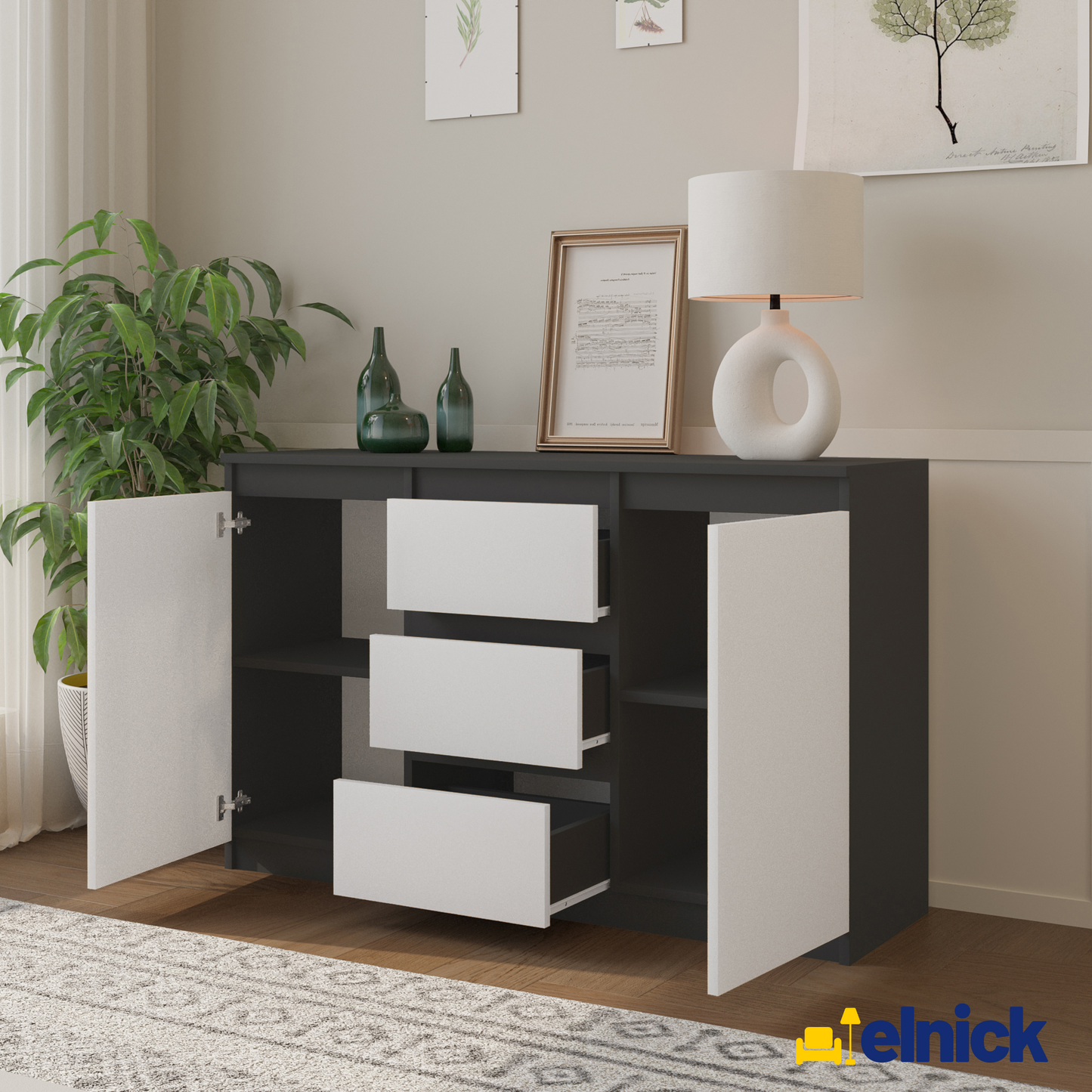 MIKEL - Kommode / Sideboard mit 3 Schubladen und 2 Türen - Anthrazit Grau / Weiß Matt