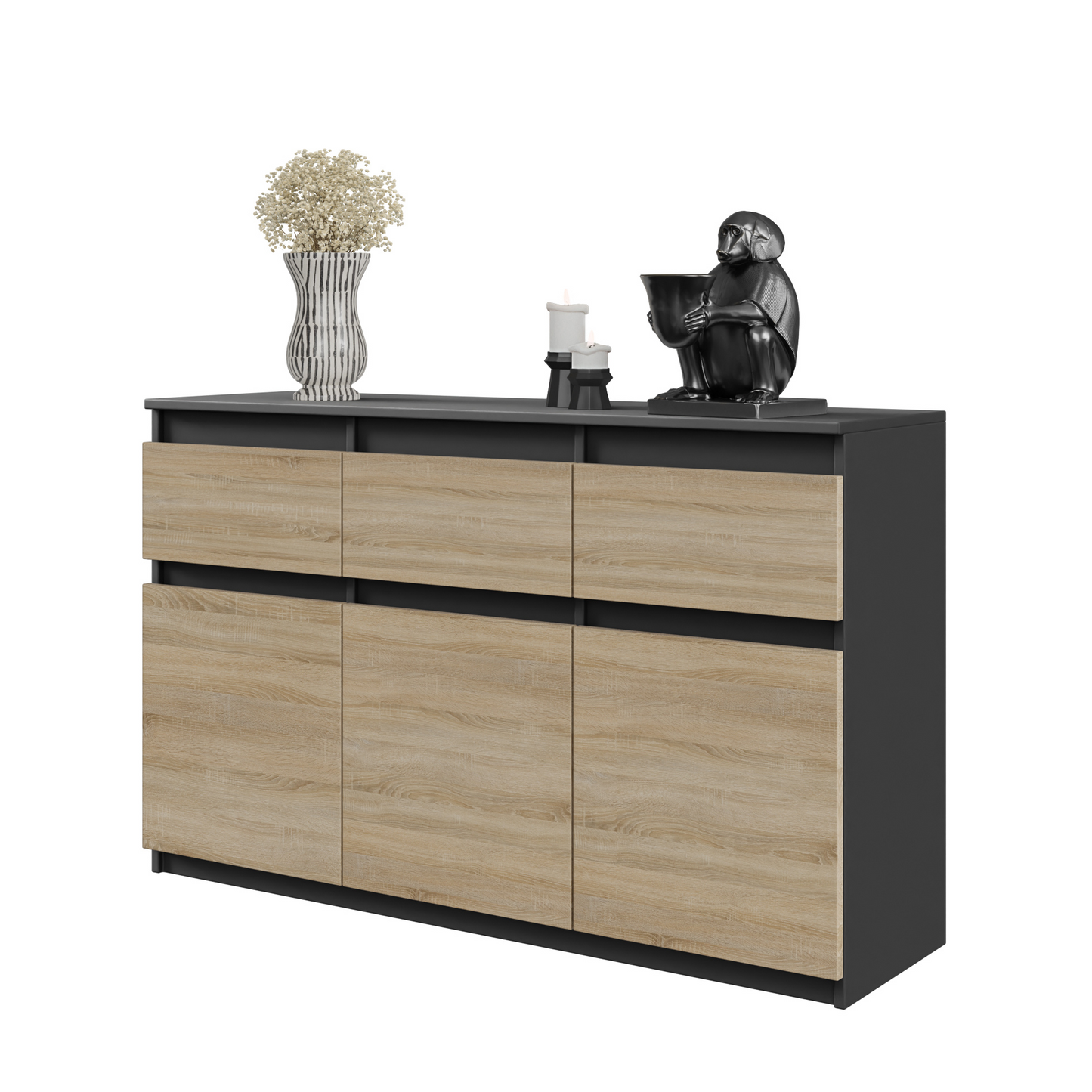 NOAH - Kommode / Sideboard mit 3 Schubladen und 3 Türen - Anthrazit Grau / Sonoma Eiche