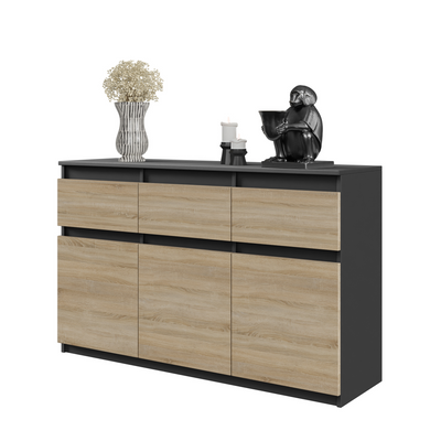 NOAH - Kommode / Sideboard mit 3 Schubladen und 3 Türen - Anthrazit Grau / Sonoma Eiche