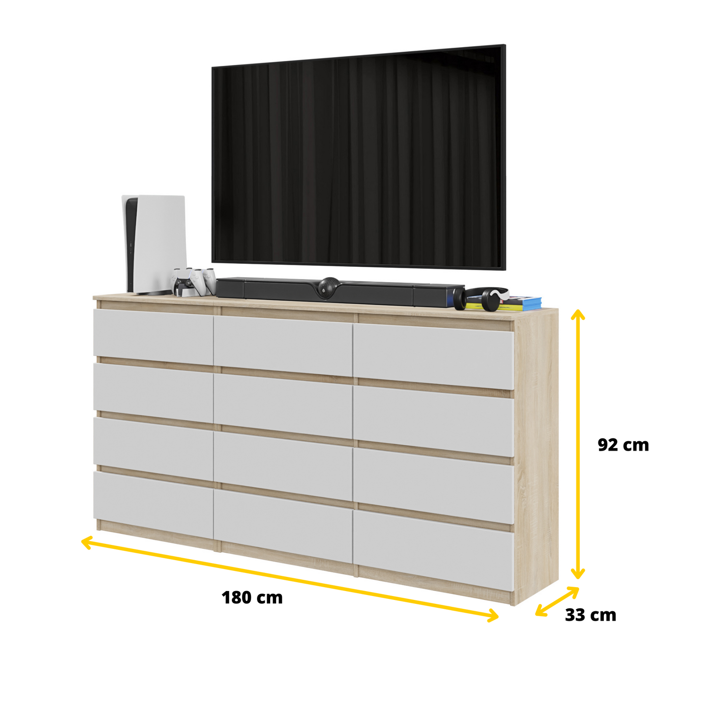 GABRIEL - Kommode / Sideboard mit 12 Schubladen (8+4) - Sonoma Eiche / Weiß Matt