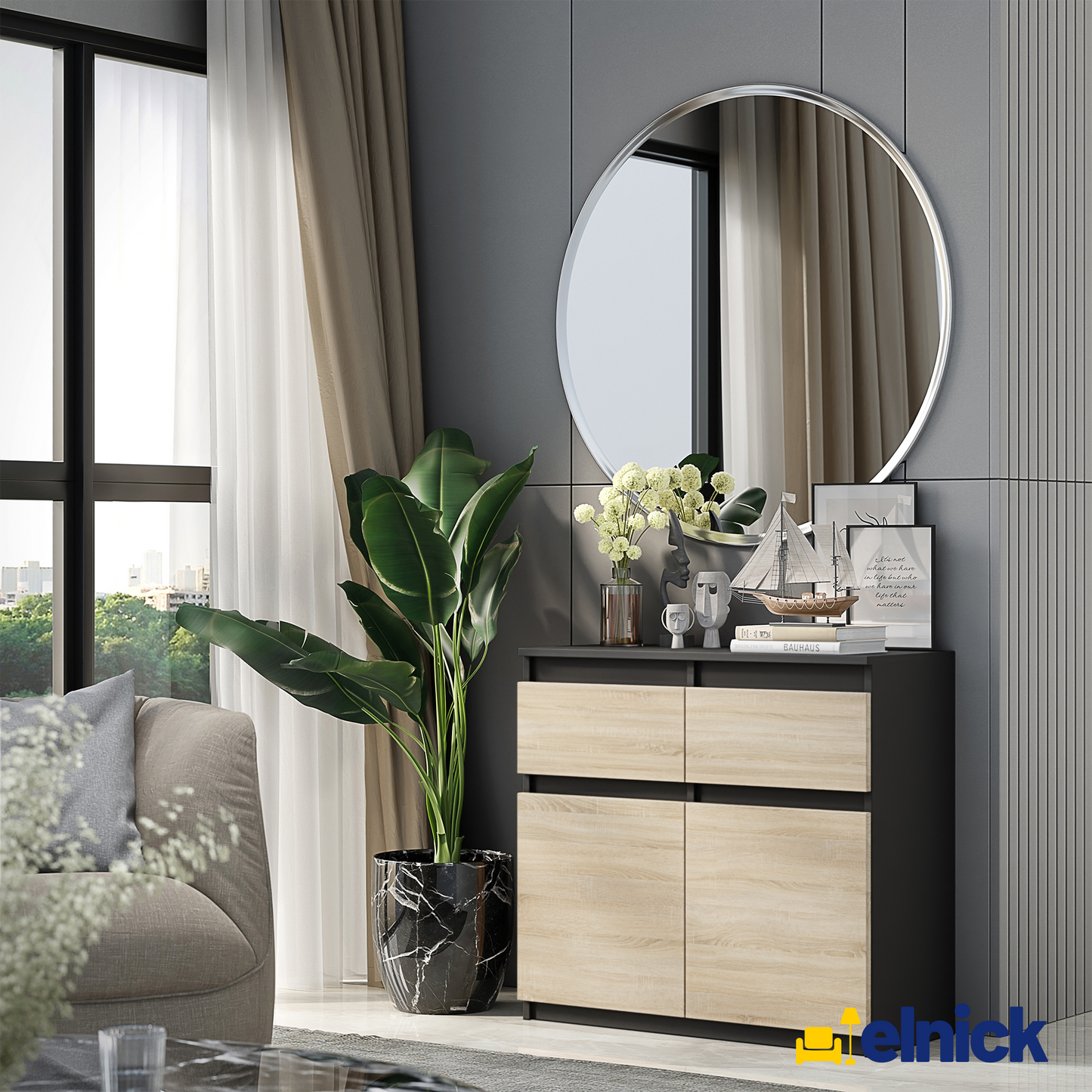 NOAH - Kommode / Sideboard mit 2 Schubladen und 2 Türen - Anthrazit Grau / Sonoma Eiche