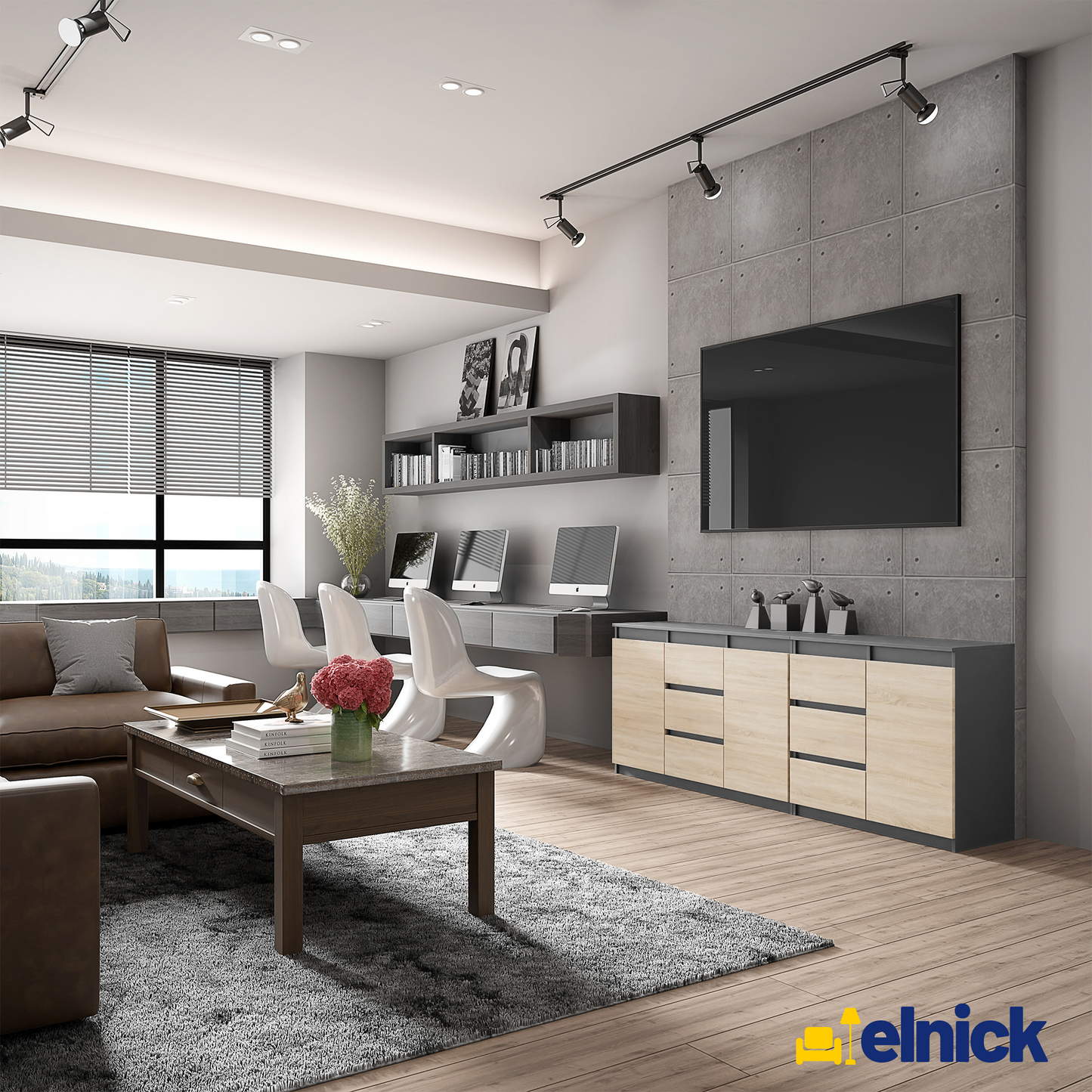 MIKEL - Kommode / Sideboard mit 6 Schubladen und 3 Türen - Anthrazit Grau / Sonoma Eiche