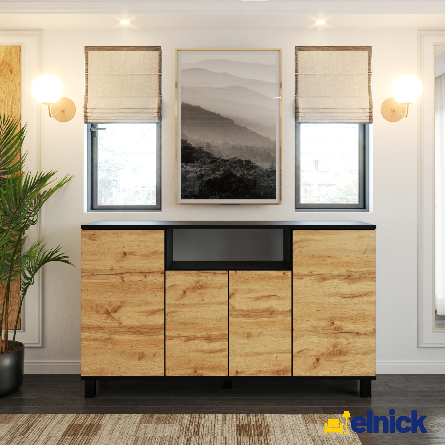 CALVIN – TV-Schrank mit 4 Türen – Wohnzimmer Sideboard - Schwarz Matt / Wotan Eiche