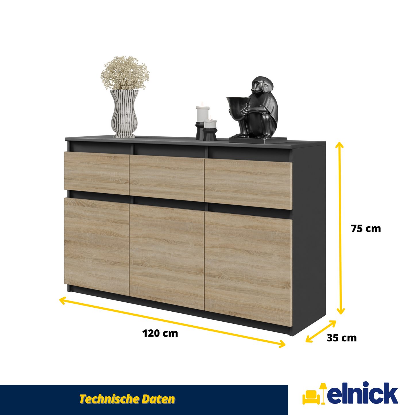 NOAH - Kommode / Sideboard mit 3 Schubladen und 3 Türen - Anthrazit Grau / Sonoma Eiche
