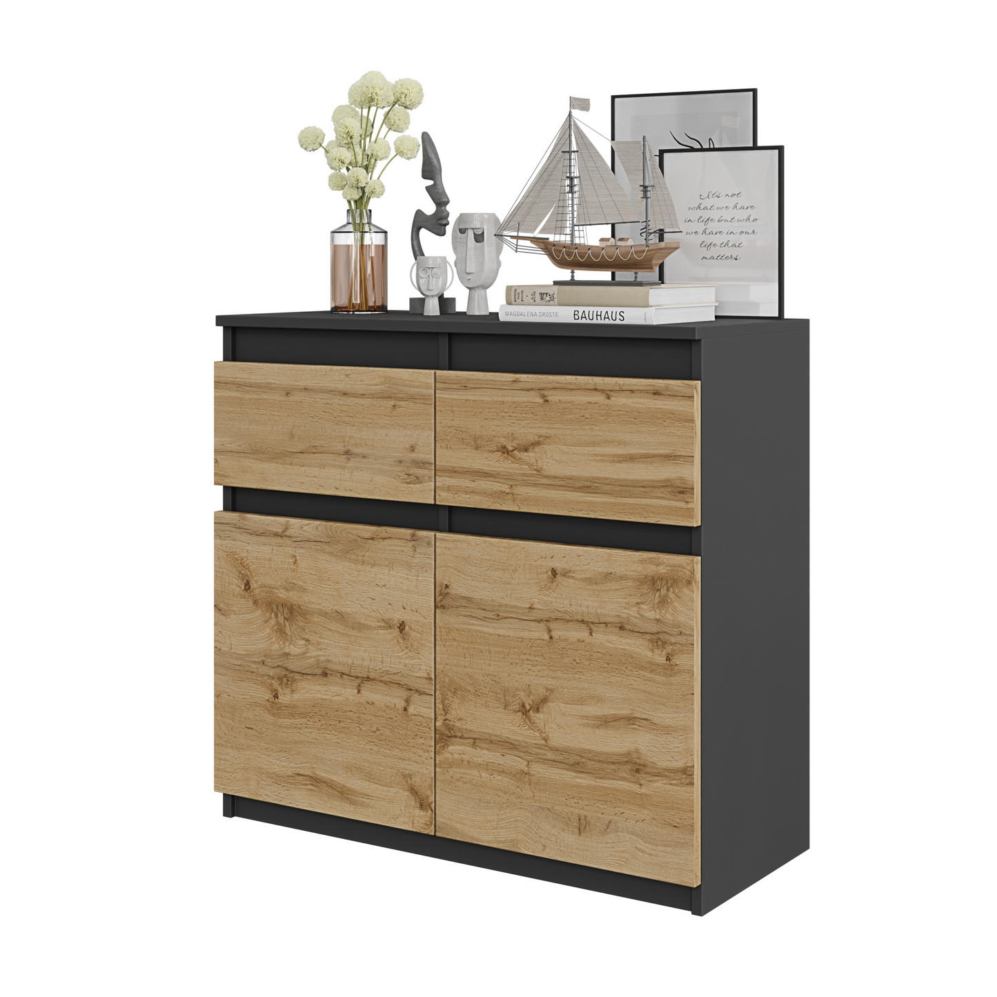 NOAH - Kommode / Sideboard mit 2 Schubladen und 2 Türen - Anthrazit Grau / Wotan Eiche