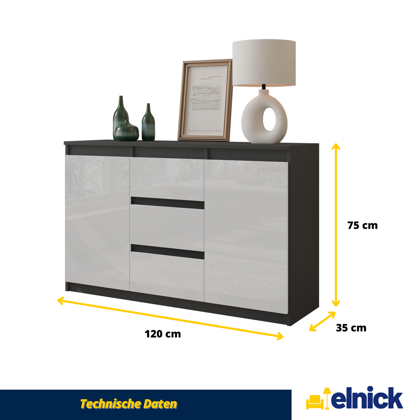 MIKEL - Kommode / Sideboard mit 3 Schubladen und 2 Türen - Anthrazit Grau / Weiß Gloss