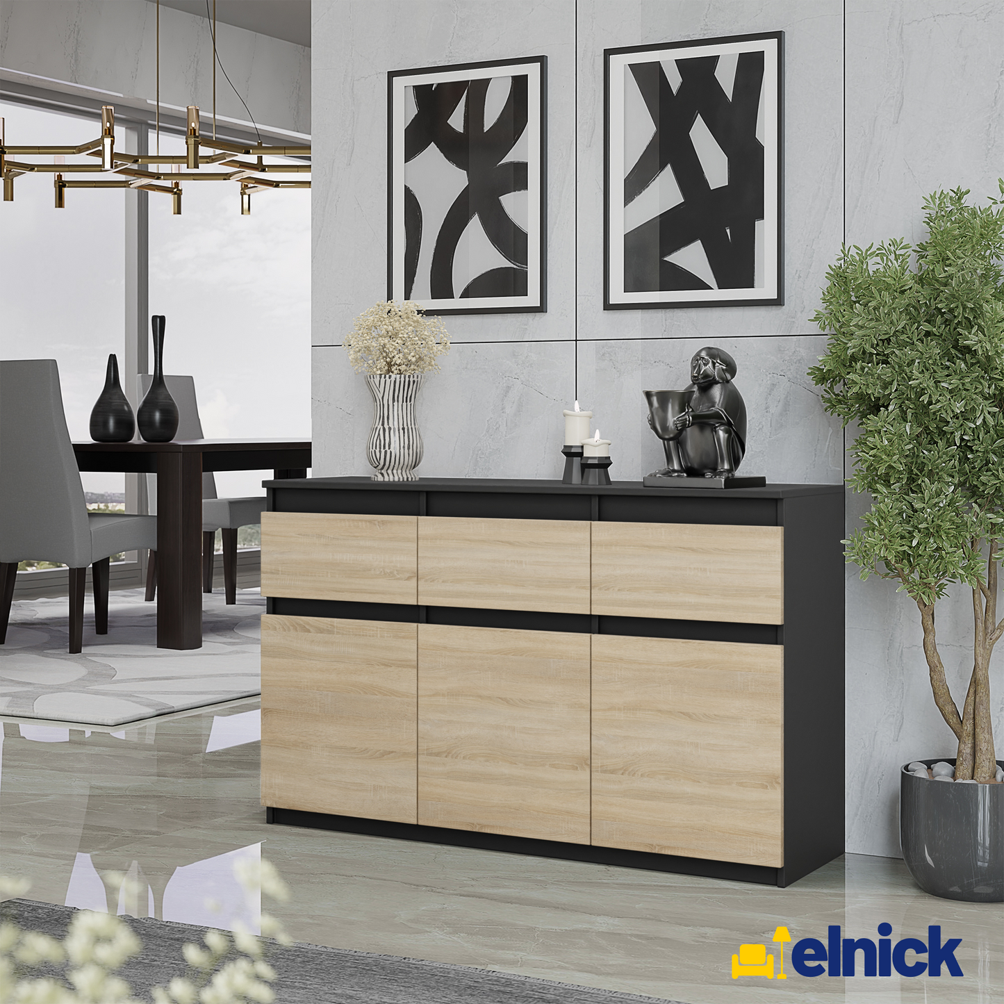 NOAH - Kommode / Sideboard mit 3 Schubladen und 3 Türen - Anthrazit Grau / Sonoma Eiche