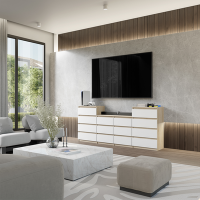GABRIEL - Kommode / Sideboard mit 14 Schubladen (4+6+4) - Sonoma Eiche / Weiß Matt