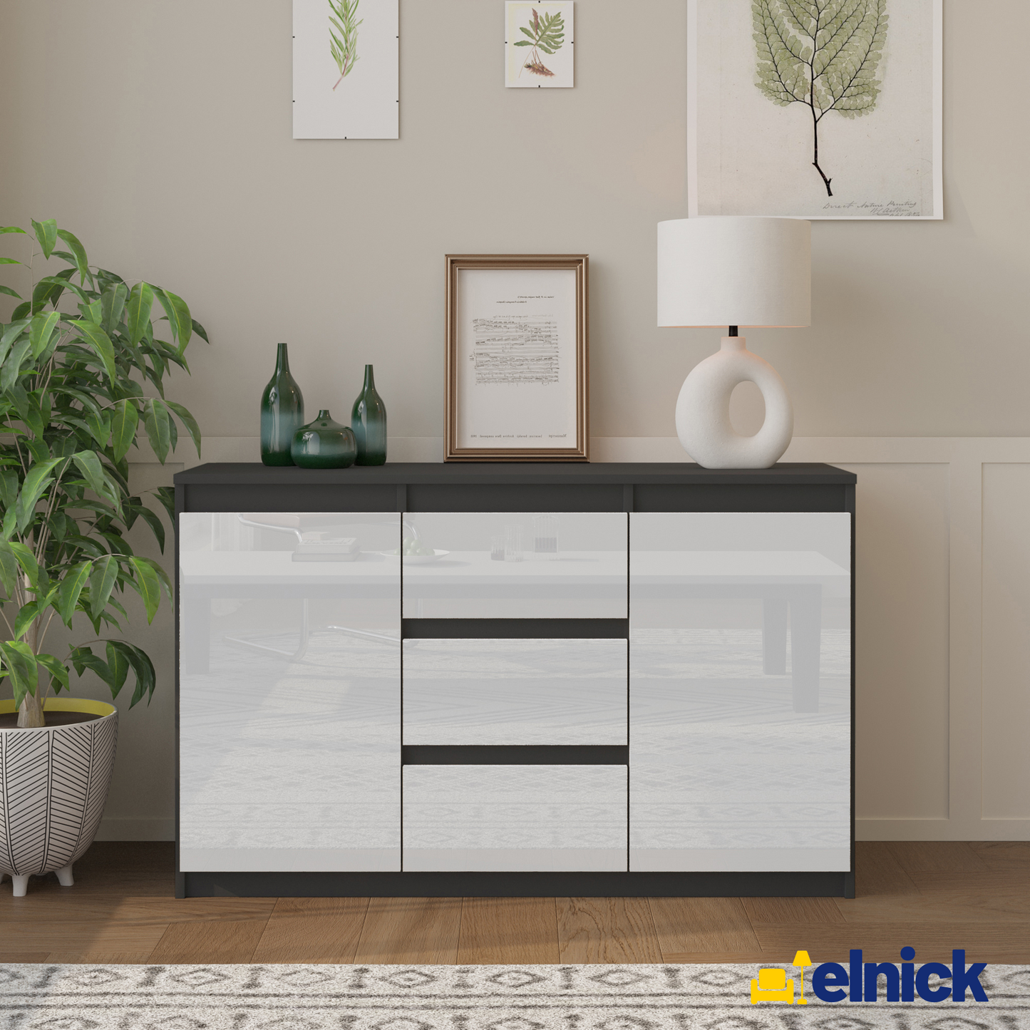 MIKEL - Kommode / Sideboard mit 3 Schubladen und 2 Türen - Anthrazit Grau / Weiß Gloss
