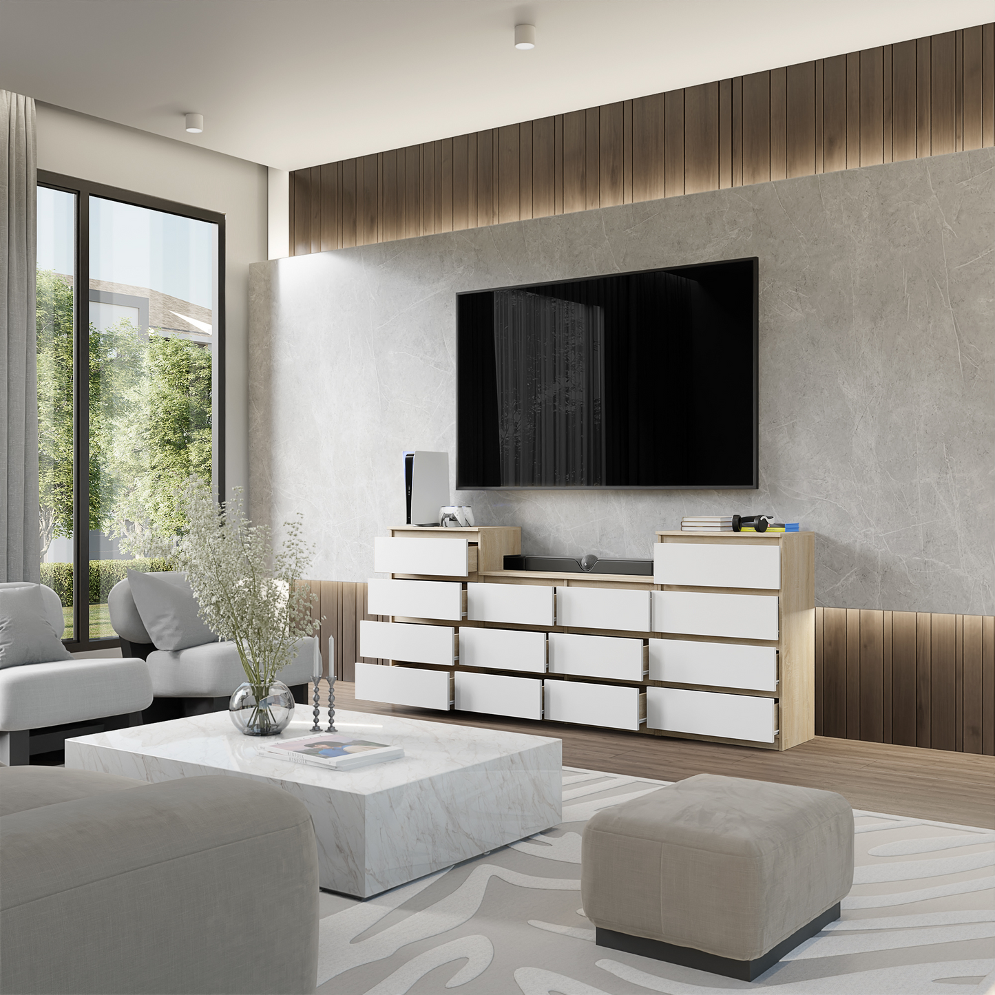 GABRIEL - Kommode / Sideboard mit 14 Schubladen (4+6+4) - Sonoma Eiche / Weiß Matt