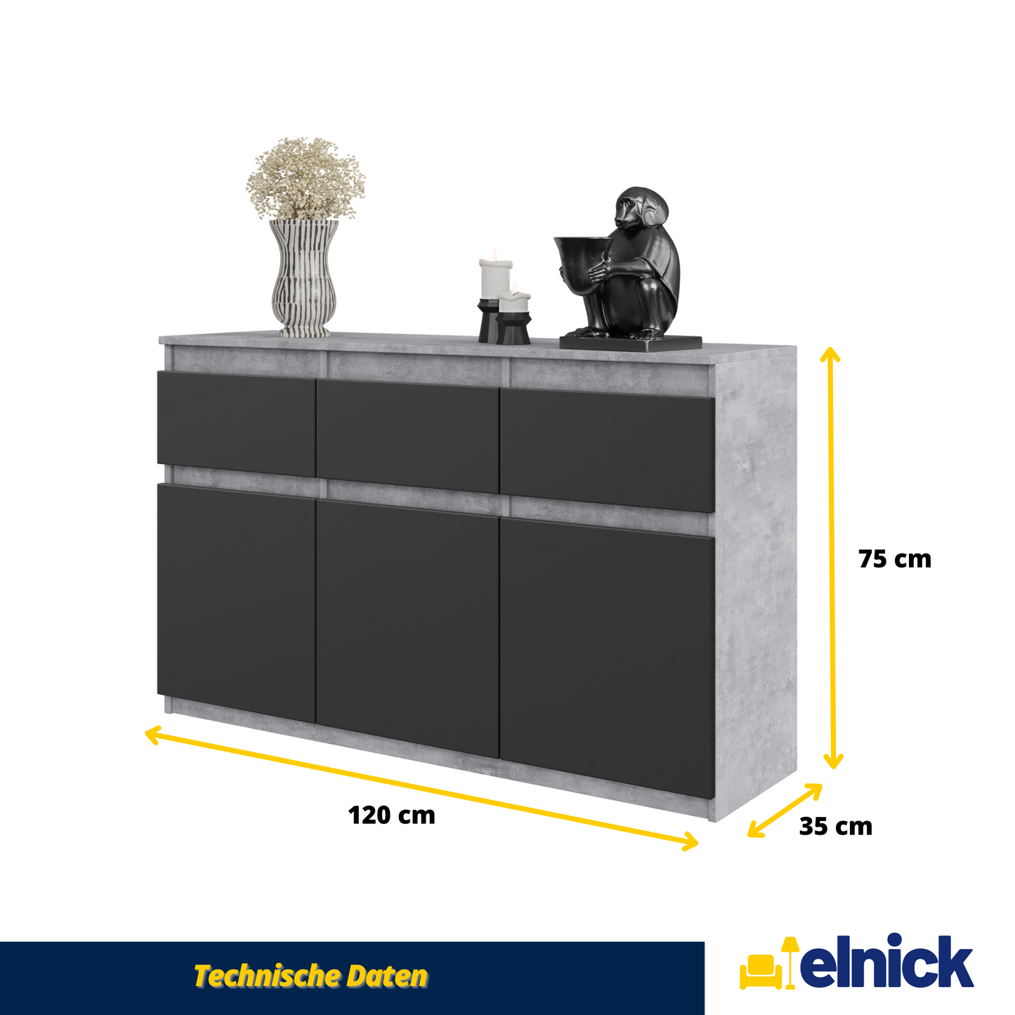 NOAH - Kommode / Sideboard mit 3 Schubladen und 3 Türen - Beton-Optik / Anthrazit Grau