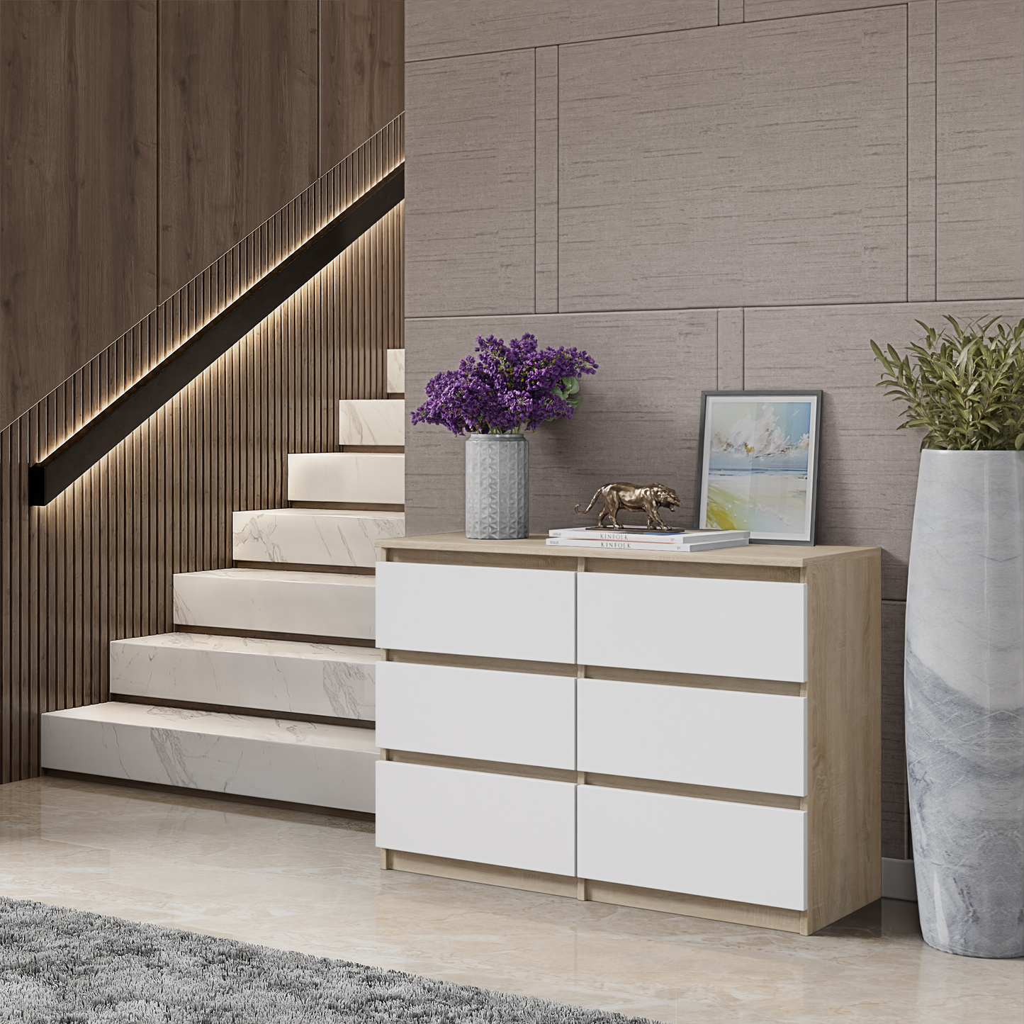 GABRIEL - Kommode / Sideboard mit 6 Schubladen - Sonoma Eiche / Weiß Matt