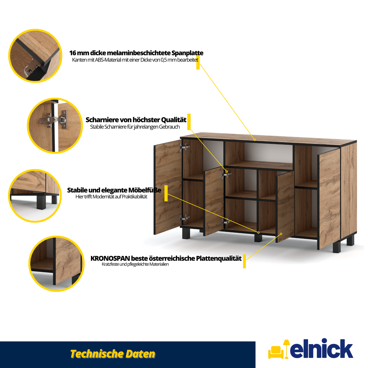 CALVIN – TV-Schrank mit 4 Türen – Wohnzimmer Sideboard - Wotan Eiche