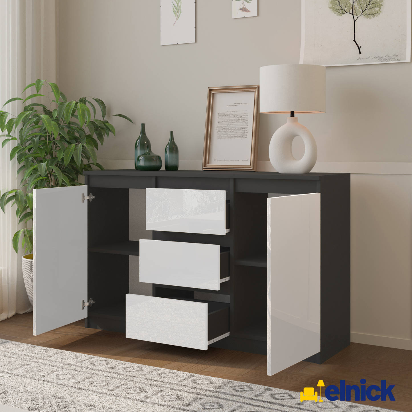 MIKEL - Kommode / Sideboard mit 3 Schubladen und 2 Türen - Anthrazit Grau / Weiß Gloss