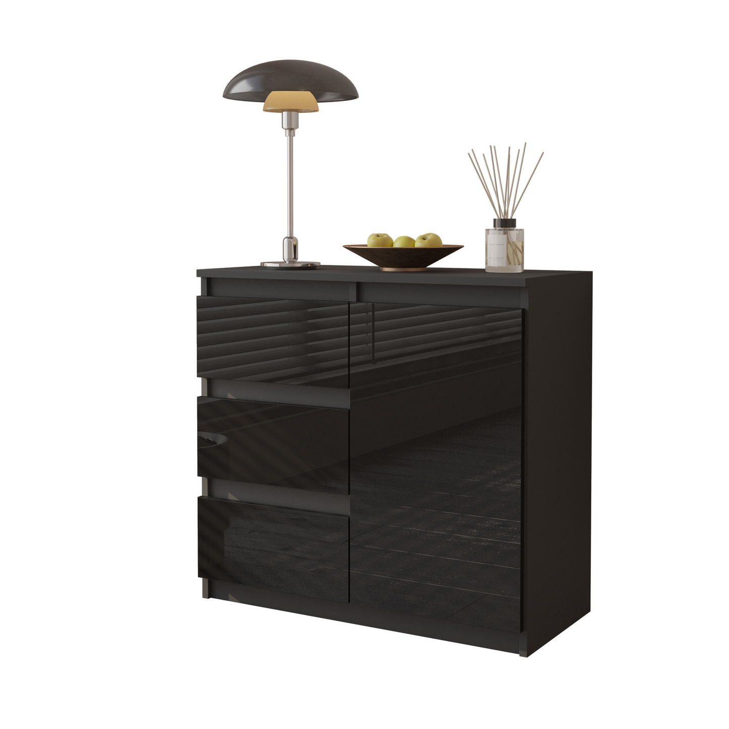MIKEL - Kommode / Sideboard mit 3 Schubladen und 1 Tür - Anthrazit Grau / Schwarz Gloss