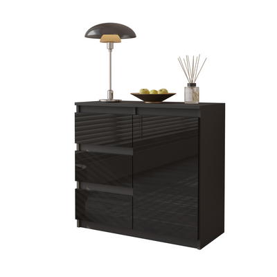 MIKEL - Kommode / Sideboard mit 3 Schubladen und 1 Tür - Anthrazit Grau / Schwarz Gloss