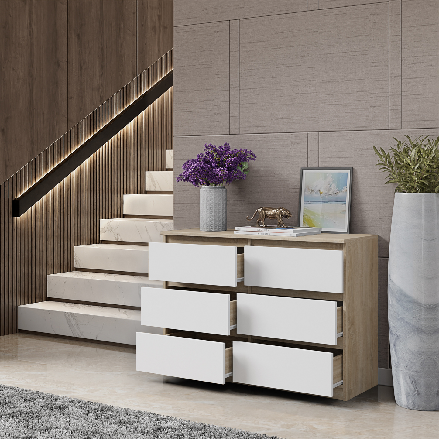 GABRIEL - Kommode / Sideboard mit 6 Schubladen - Sonoma Eiche / Weiß Matt