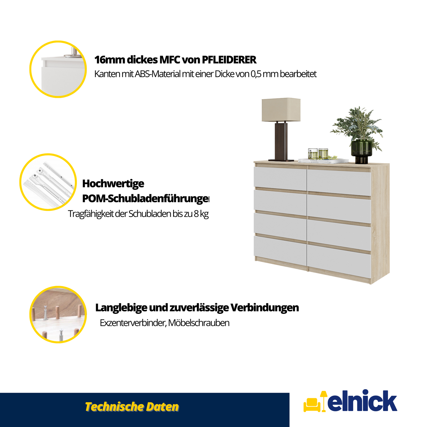 GABRIEL - Kommode / Sideboard mit 8 Schubladen - Sonoma Eiche / Weiß Matt