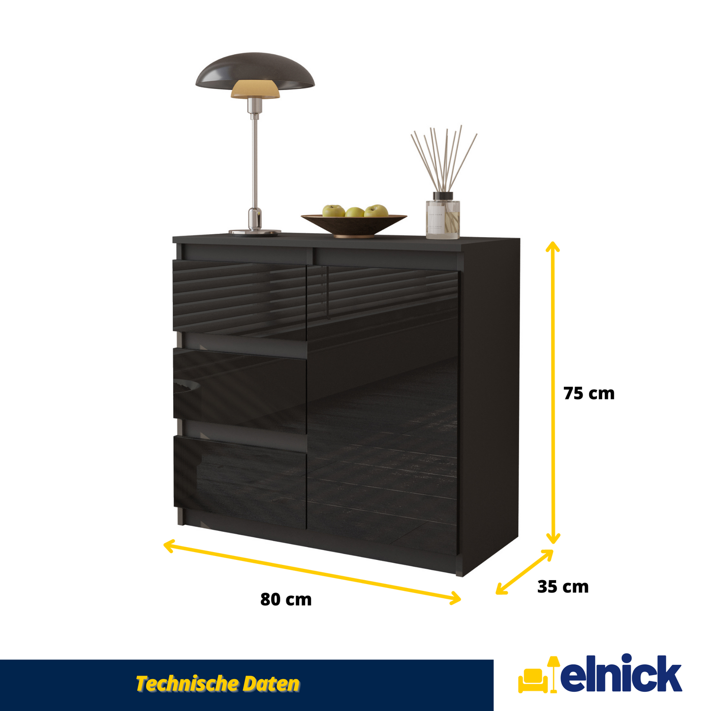 MIKEL - Kommode / Sideboard mit 3 Schubladen und 1 Tür - Anthrazit Grau / Schwarz Gloss