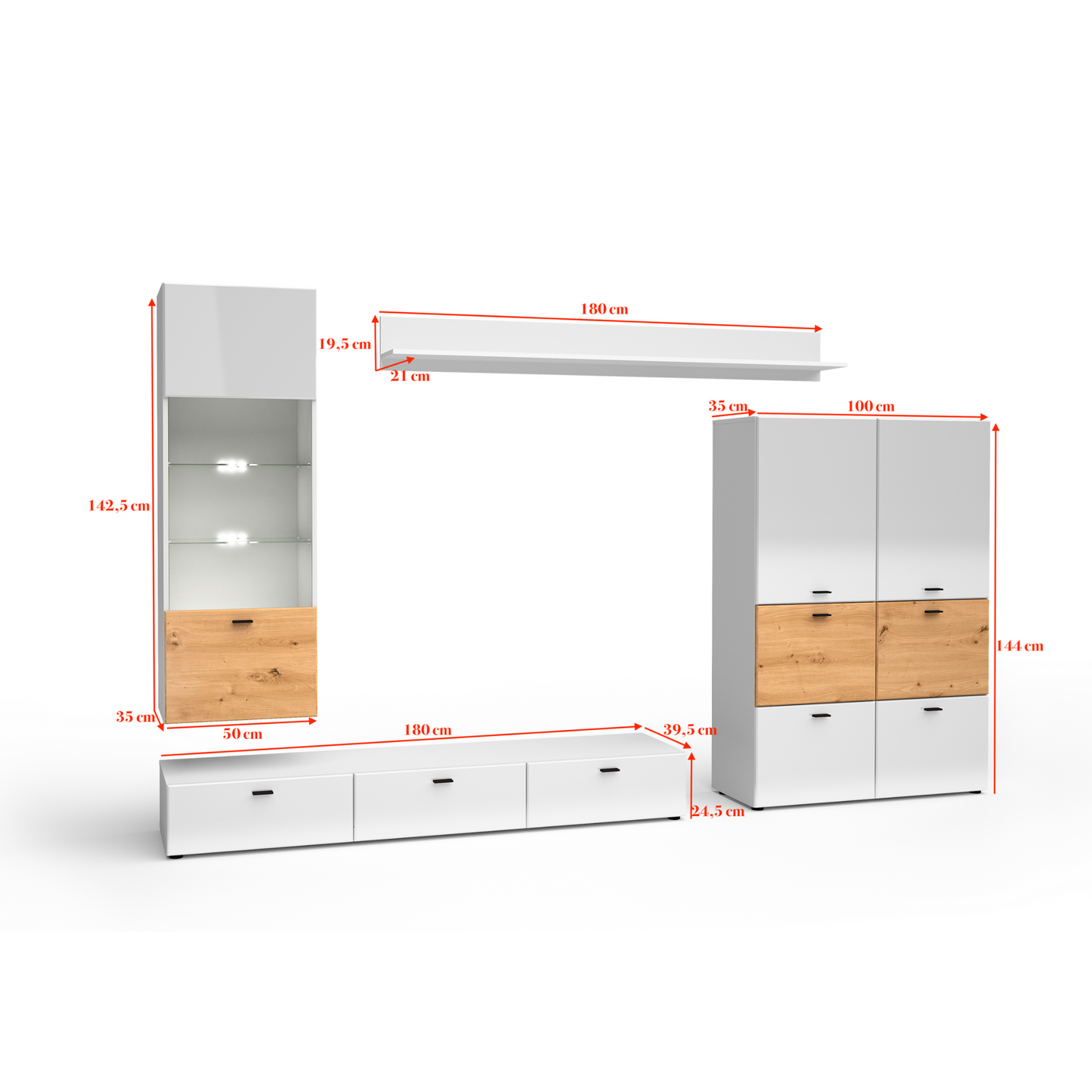 Wohnwand MILA - Wohnzimmer-Möbel-Set - Eiche Artisan / Weiß Gloss