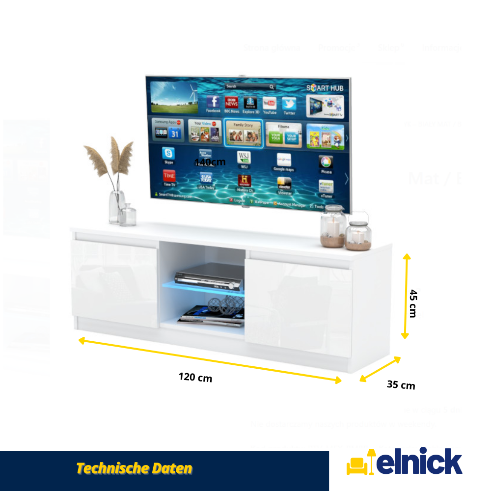 MARCO - TV-Lowboard mit 2 Türen und 1 Glasboden - Weiß Matt / Weiß Gloss
