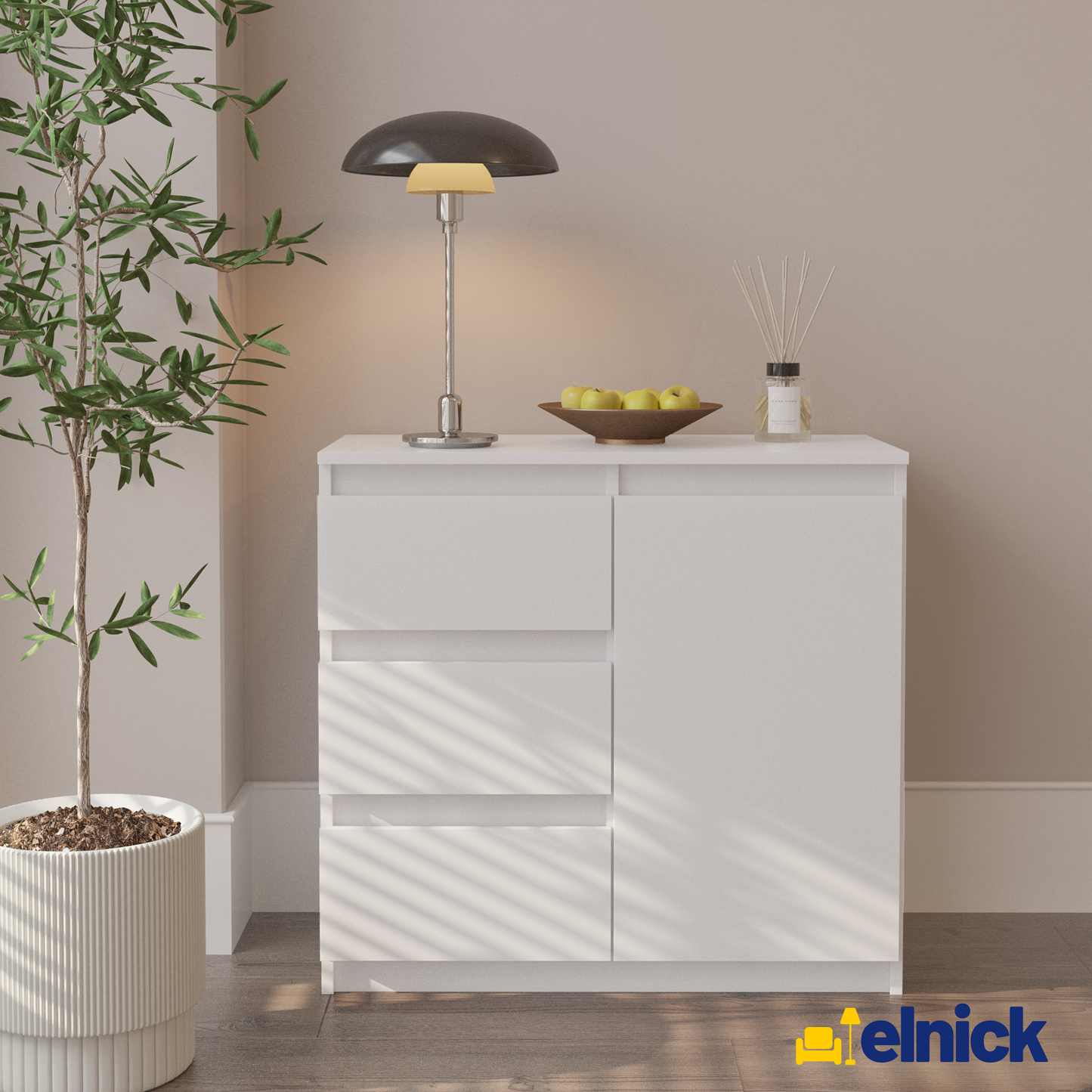 MIKEL - Kommode / Sideboard mit 3 Schubladen und 1 Tür - Weiß Matt