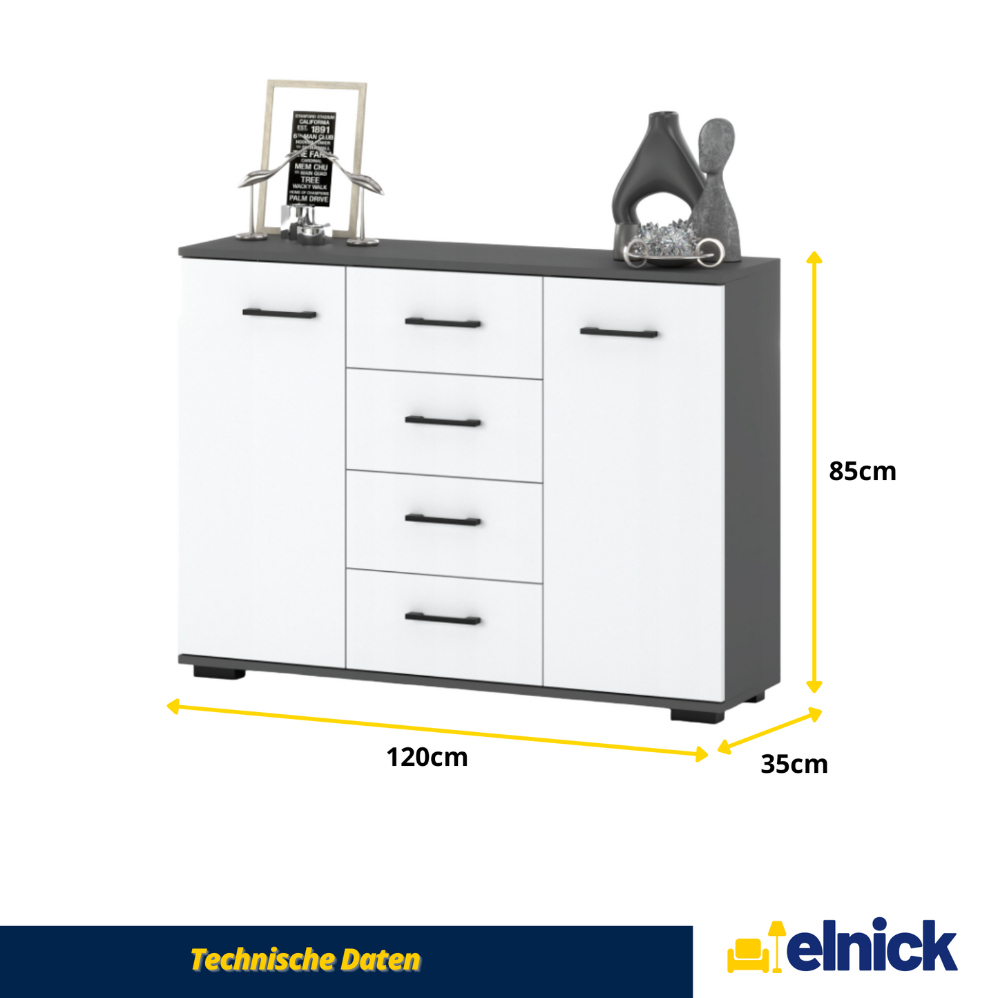 MARK - Kommode / Sideboard mit 4 Schubladen und 2 Türen - Anthrazit Grau / Weiß Matt