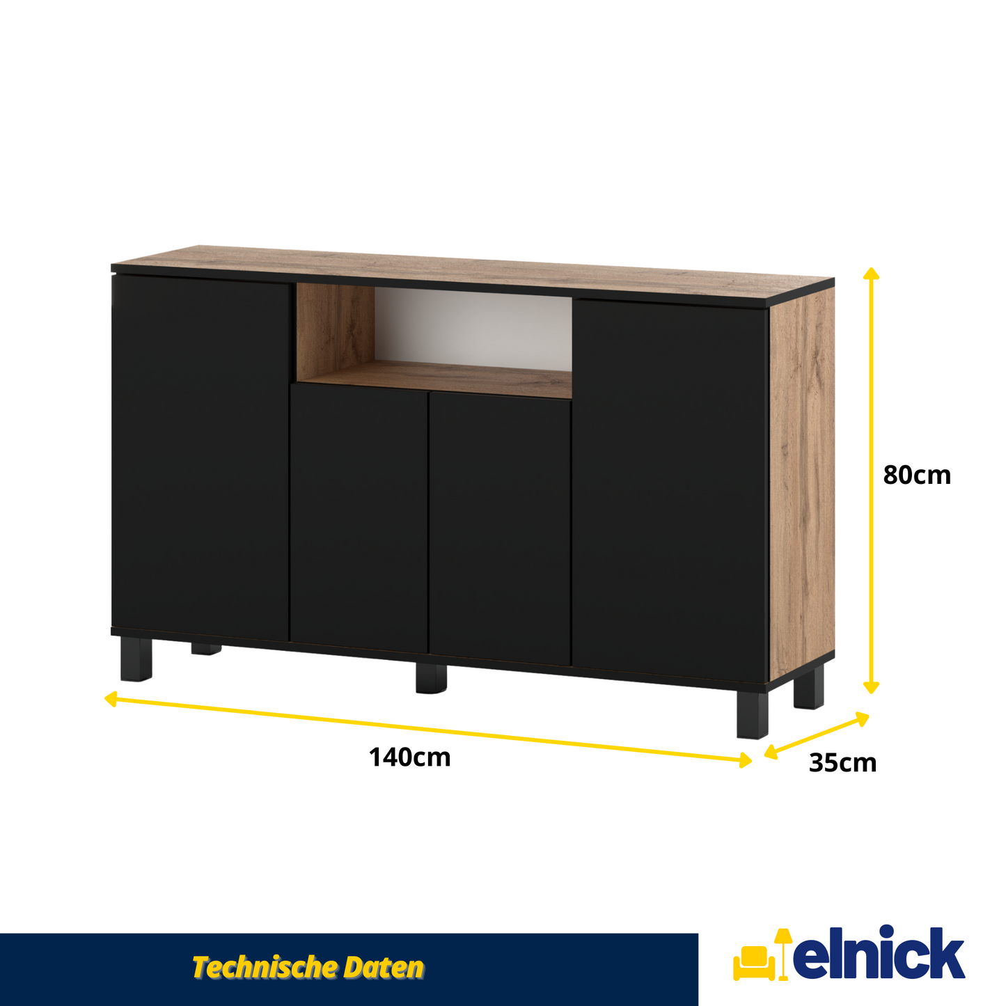 CALVIN – TV-Schrank mit 4 Türen – Wohnzimmer Sideboard - Wotan Eiche / Schwarz Matt