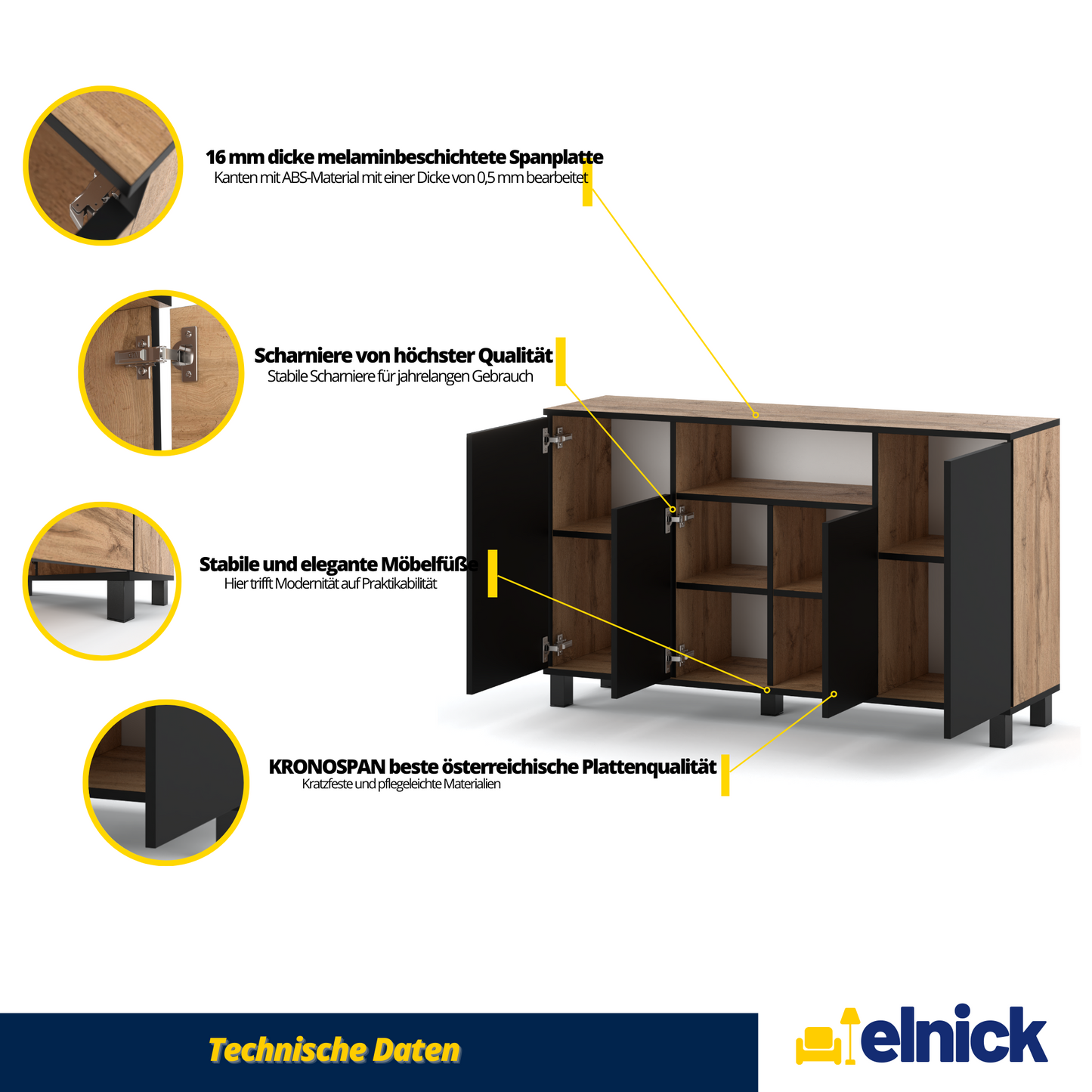 CALVIN – TV-Schrank mit 4 Türen – Wohnzimmer Sideboard - Wotan Eiche / Schwarz Matt